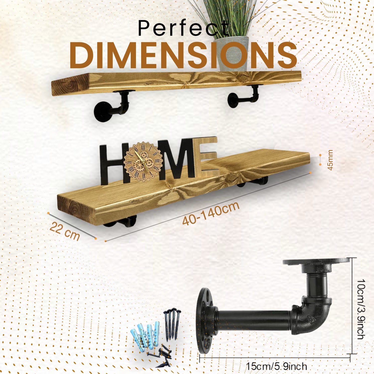 Rustic Shelf | Wall-Mounted Wooden Board With PIPE Brackets, 22cm Depth