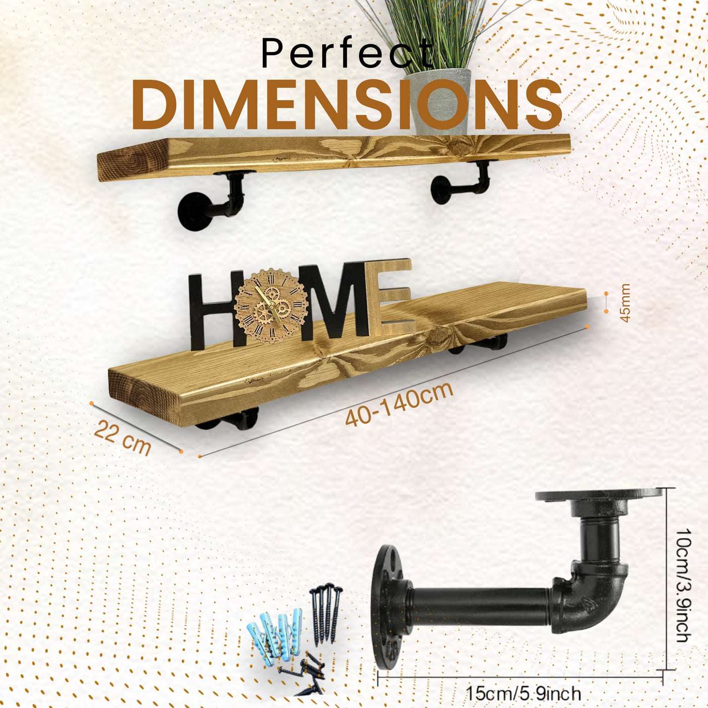 Rustic Shelf | Wall-Mounted Wooden Board With PIPE Brackets, 22cm Depth