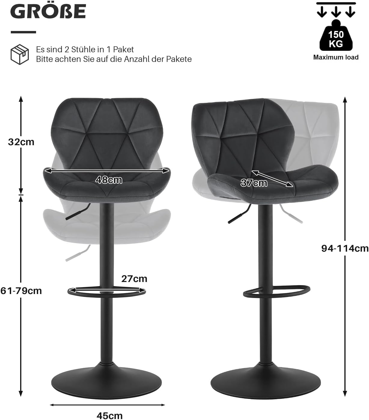 Tamborete de bar de veludo cinza com / estrutura de metal Apoio para os pés ajustável em altura giratório VBS01