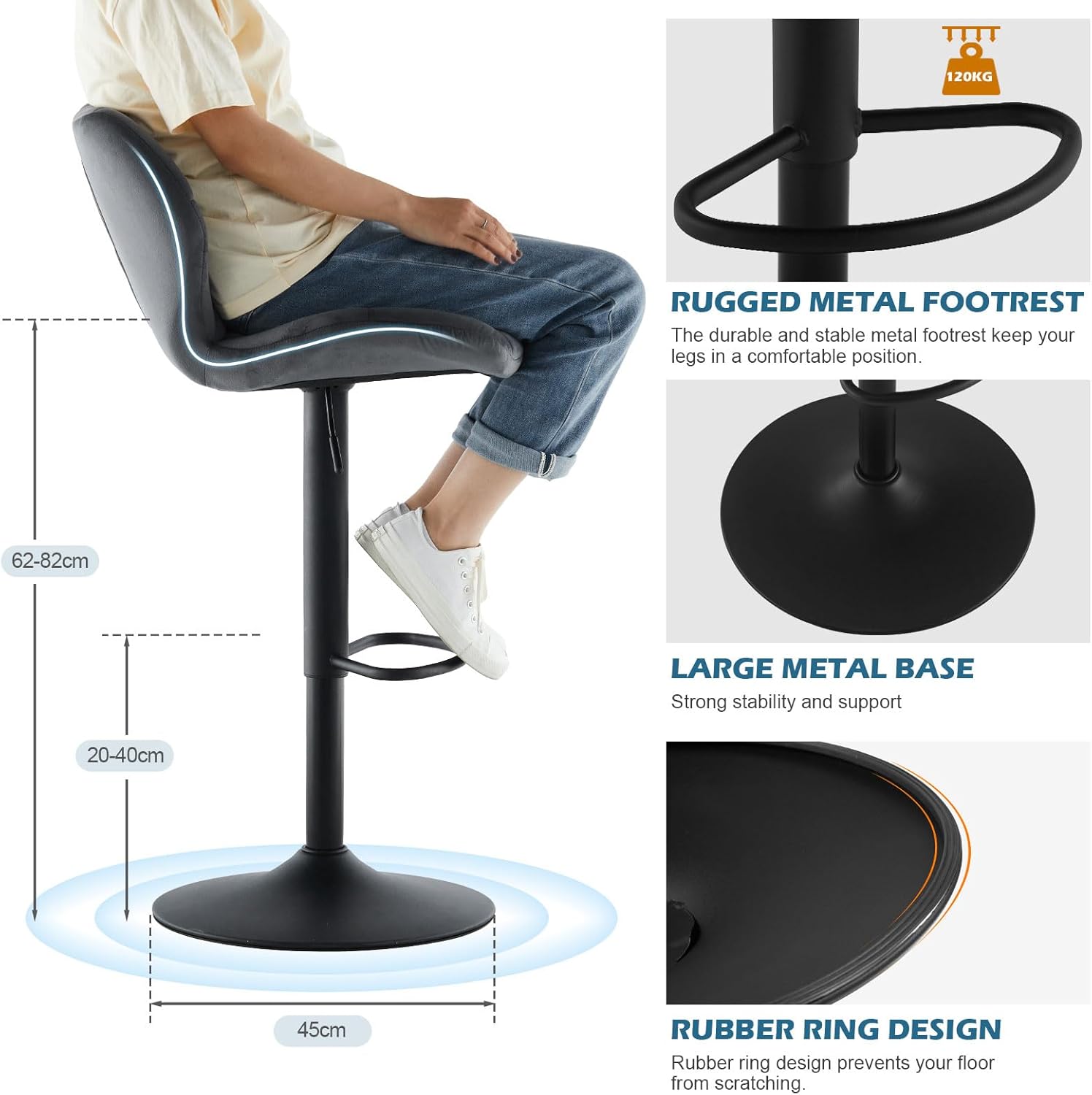Tamborete de bar de veludo cinza com / estrutura de metal Apoio para os pés ajustável em altura giratório VBS01