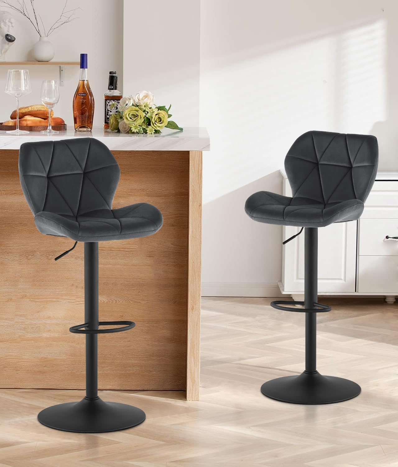 Tamborete de bar de veludo cinza com / estrutura de metal Apoio para os pés ajustável em altura giratório VBS01