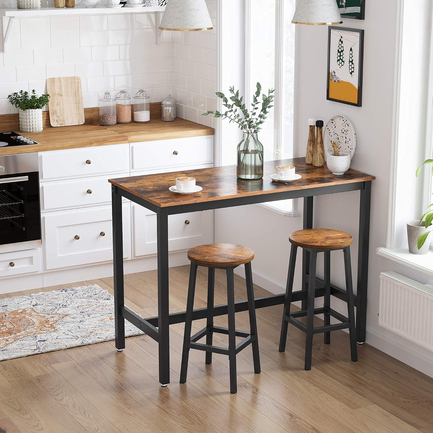 Mesa de jantar de bar estilo industrial | Mesa de Poseur para pequeno almoço | Feito de madeira sólida e aço BS12