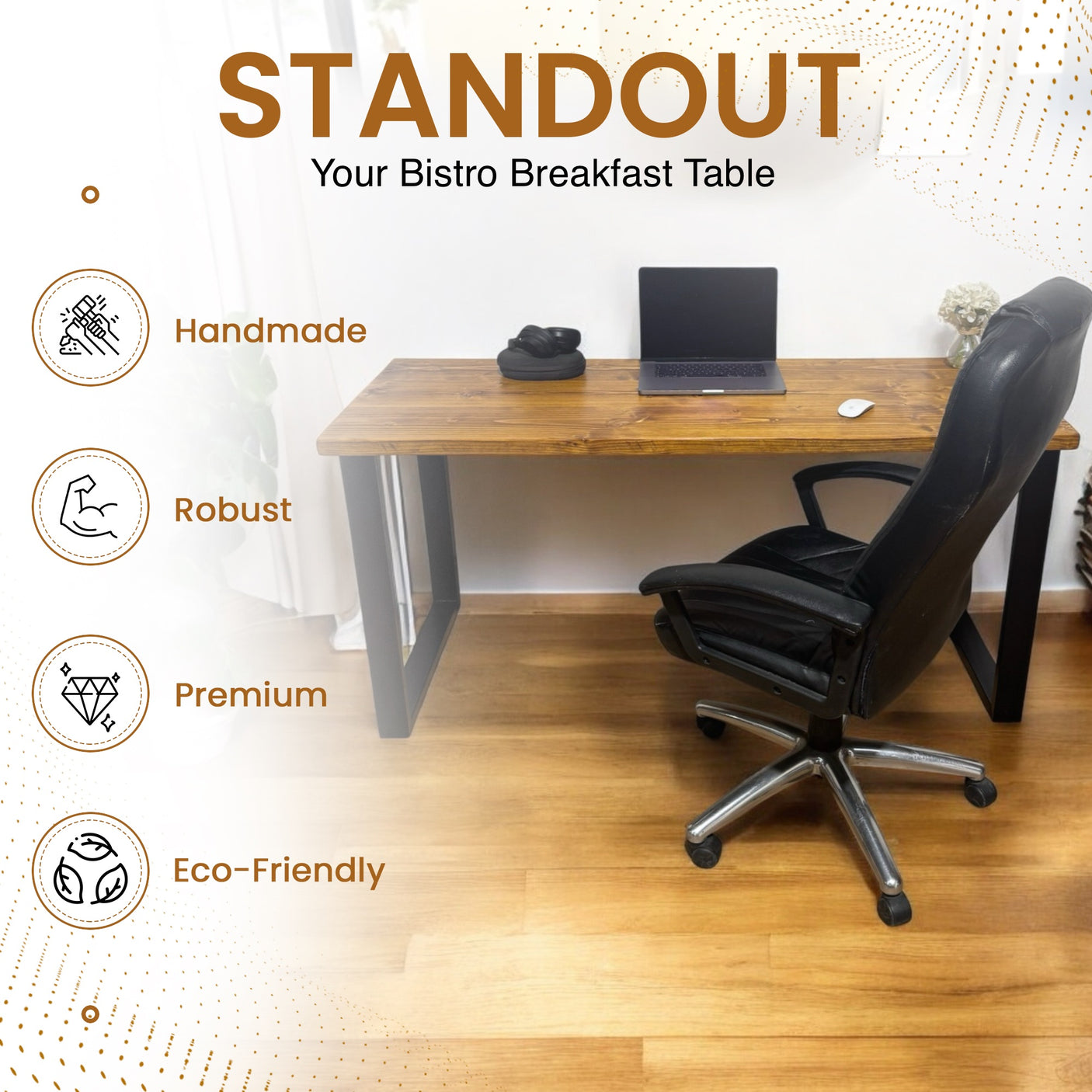Table à manger de bar de style industriel | Table de poseur de petit déjeuner haut | Fabriqué à partir de bois massif et d'acier BS12