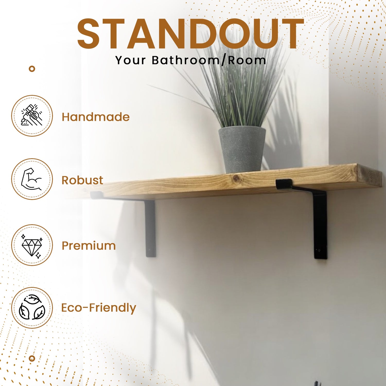 Rustic Shelf | Wall-Mounted Wooden Board With DOWN Brackets, 15cm Depth