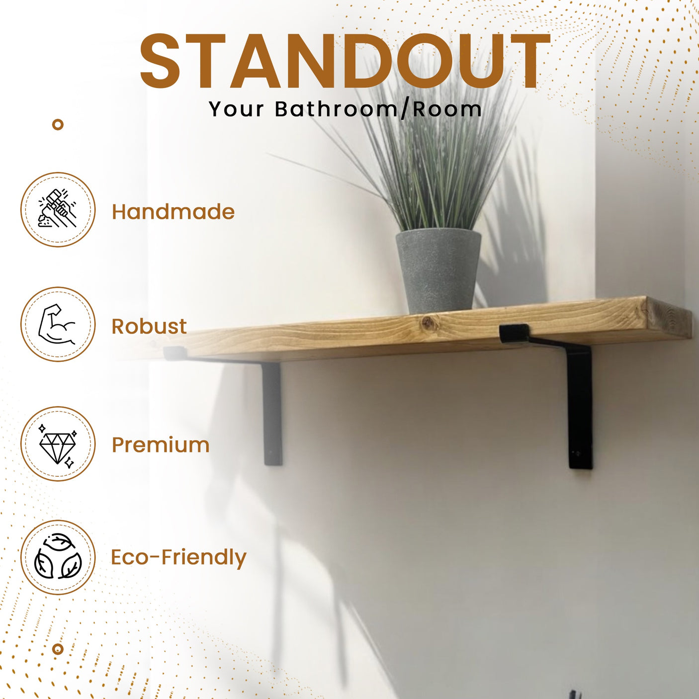 Rustic Shelf | Wall-Mounted Wooden Board With DOWN Brackets, 15cm Depth