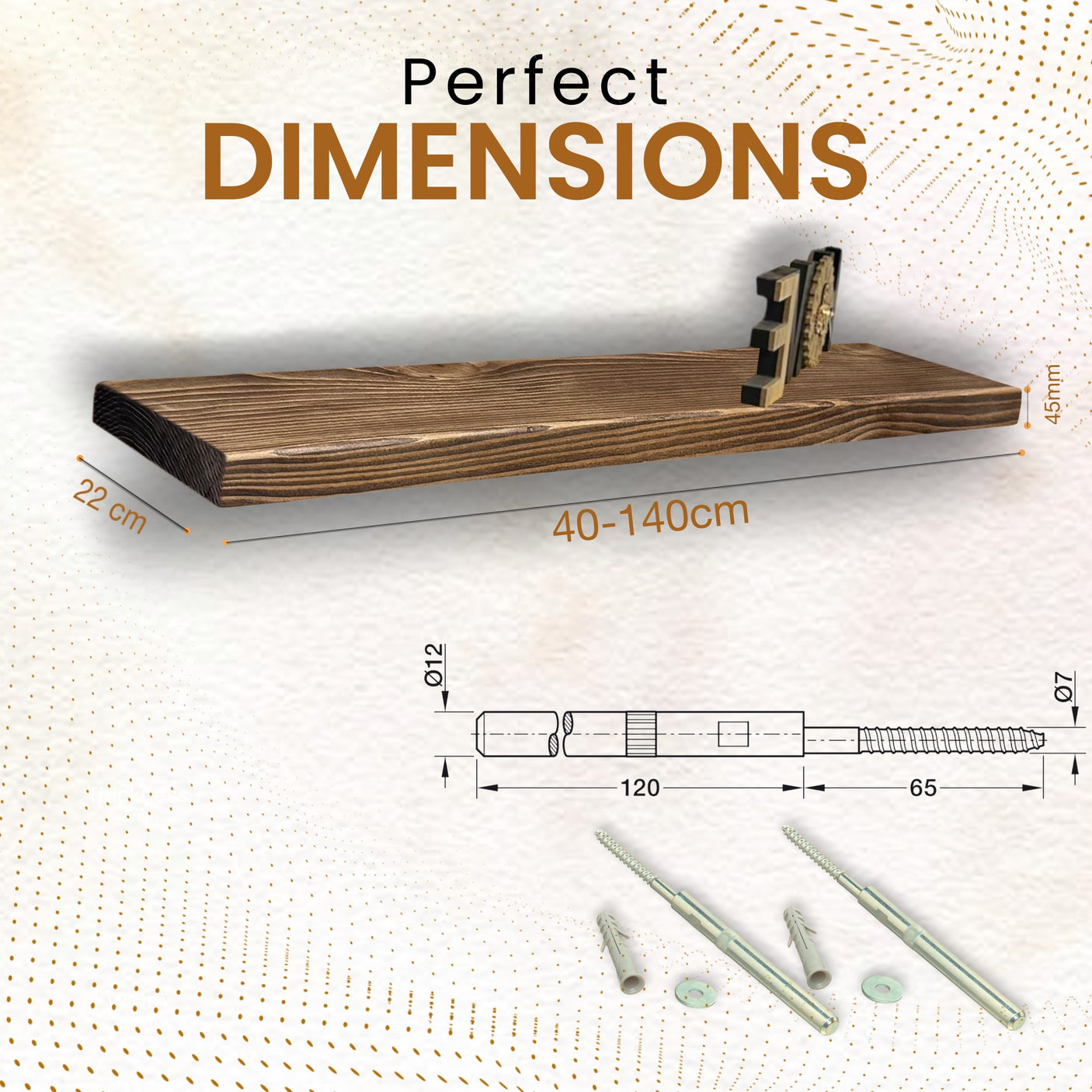 Rustic Shelf | Wall-Mounted Wooden Board With FLOATING Brackets, 22cm Depth