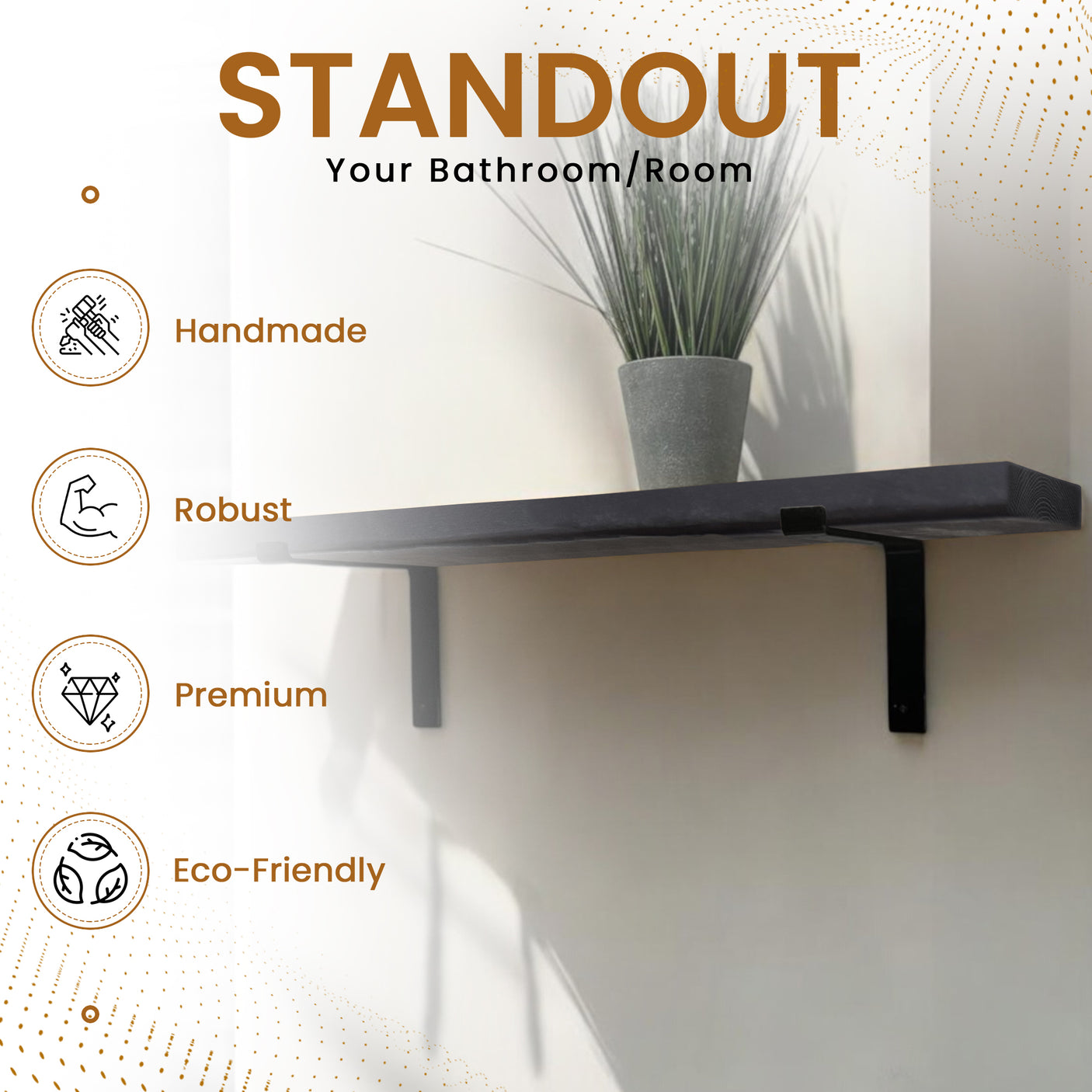 Rustic Shelf | Wall-Mounted Wooden Board With DOWN Brackets, 22cm Depth