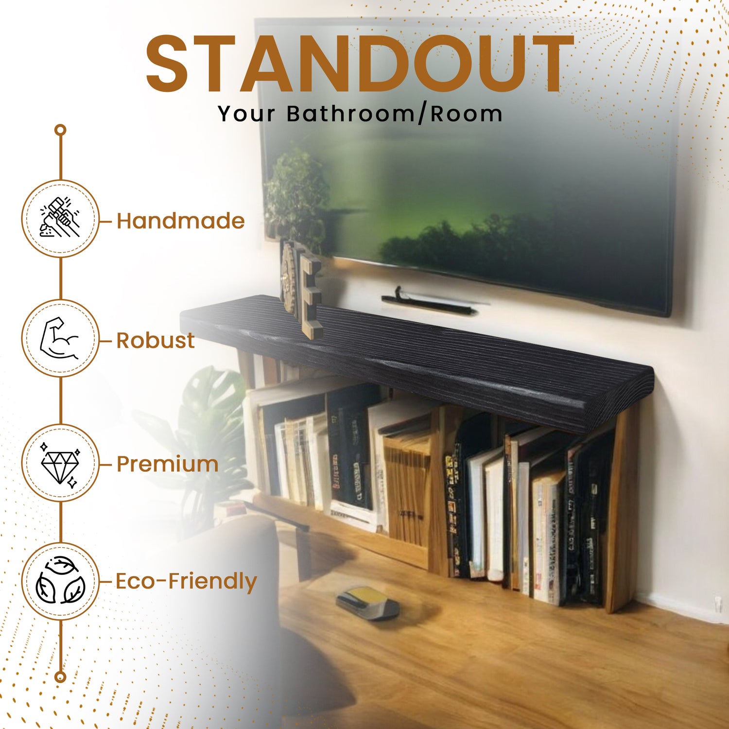 Rustic Shelf | Wall-Mounted Wooden Board With FLOATING Brackets, 22cm Depth