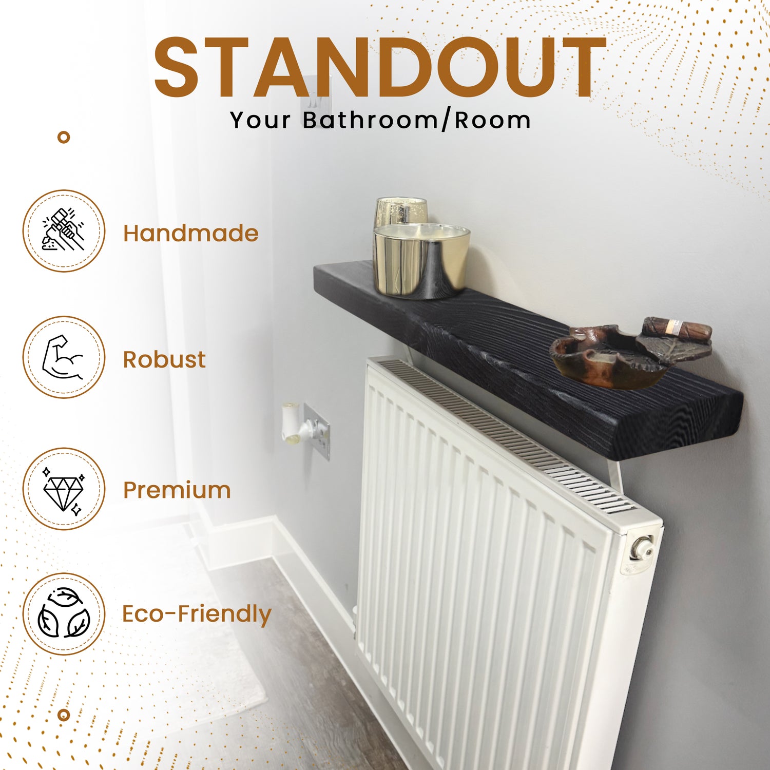 NO Drill Radiator Shelf | Rustic Slim Narrow Shelf for Hallway | Chunky Wood