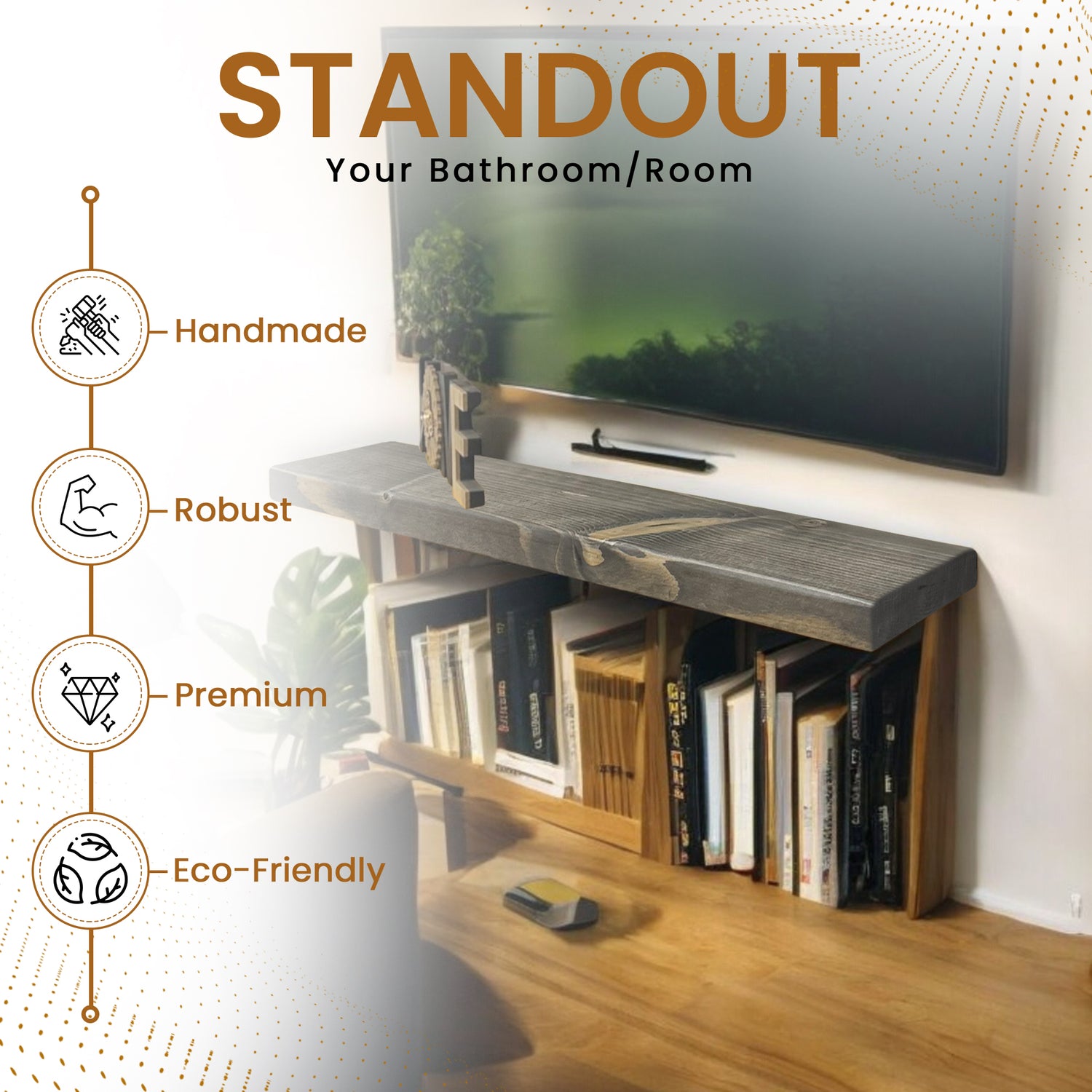 Rustic Shelf | Wall-Mounted Wooden Board With FLOATING Brackets, 22cm Depth