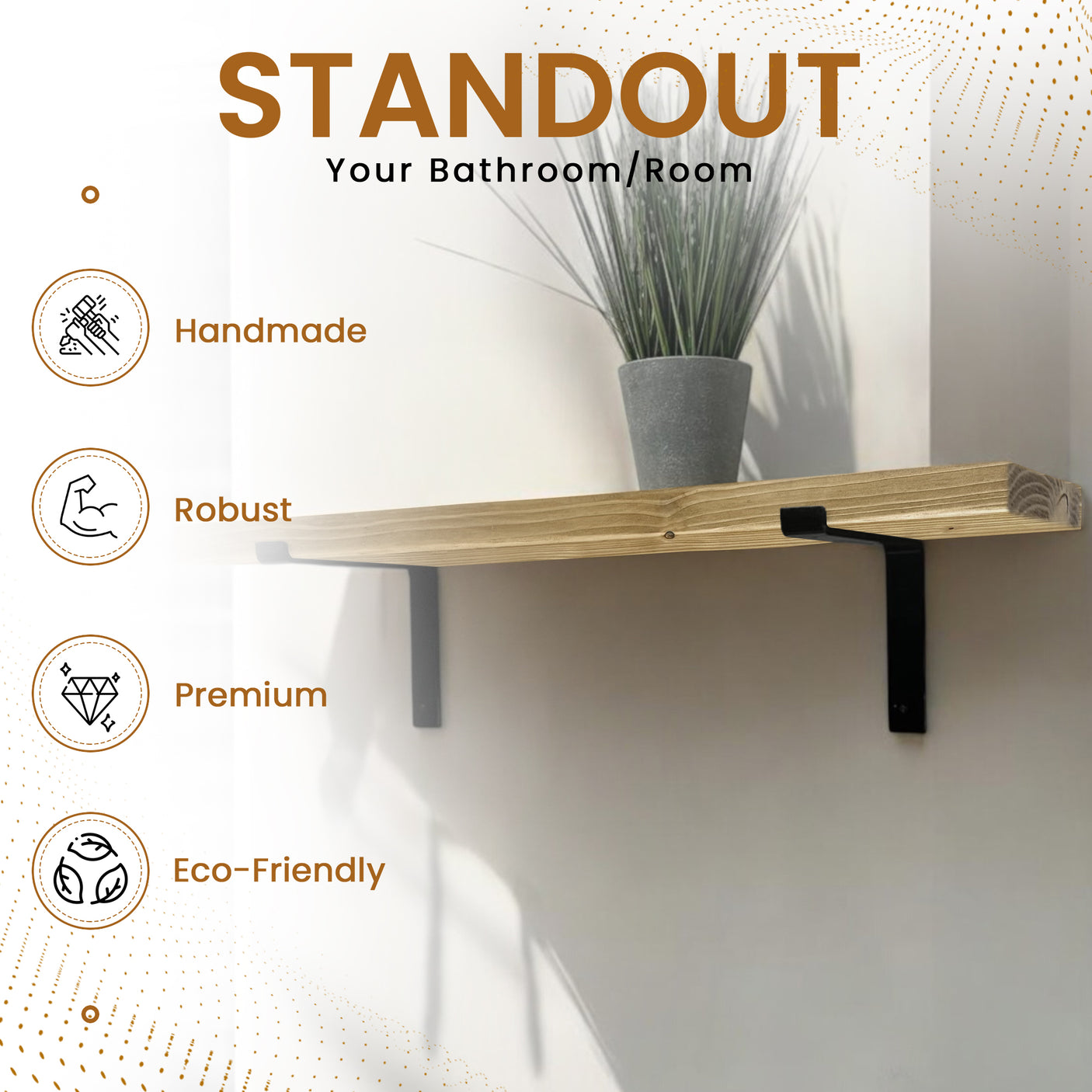 Rustic Shelf | Wall-Mounted Wooden Board With DOWN Brackets, 22cm Depth