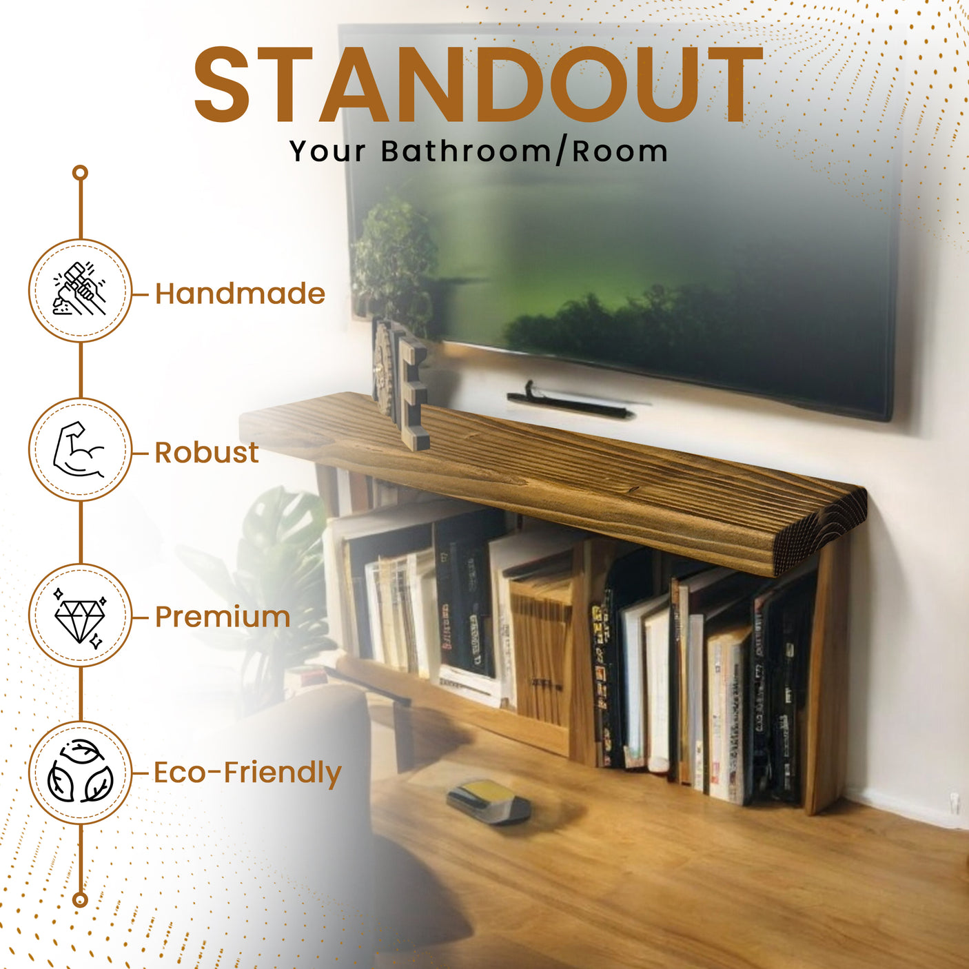 Rustic Shelf | Wall-Mounted Wooden Board With FLOATING Brackets, 22cm Depth