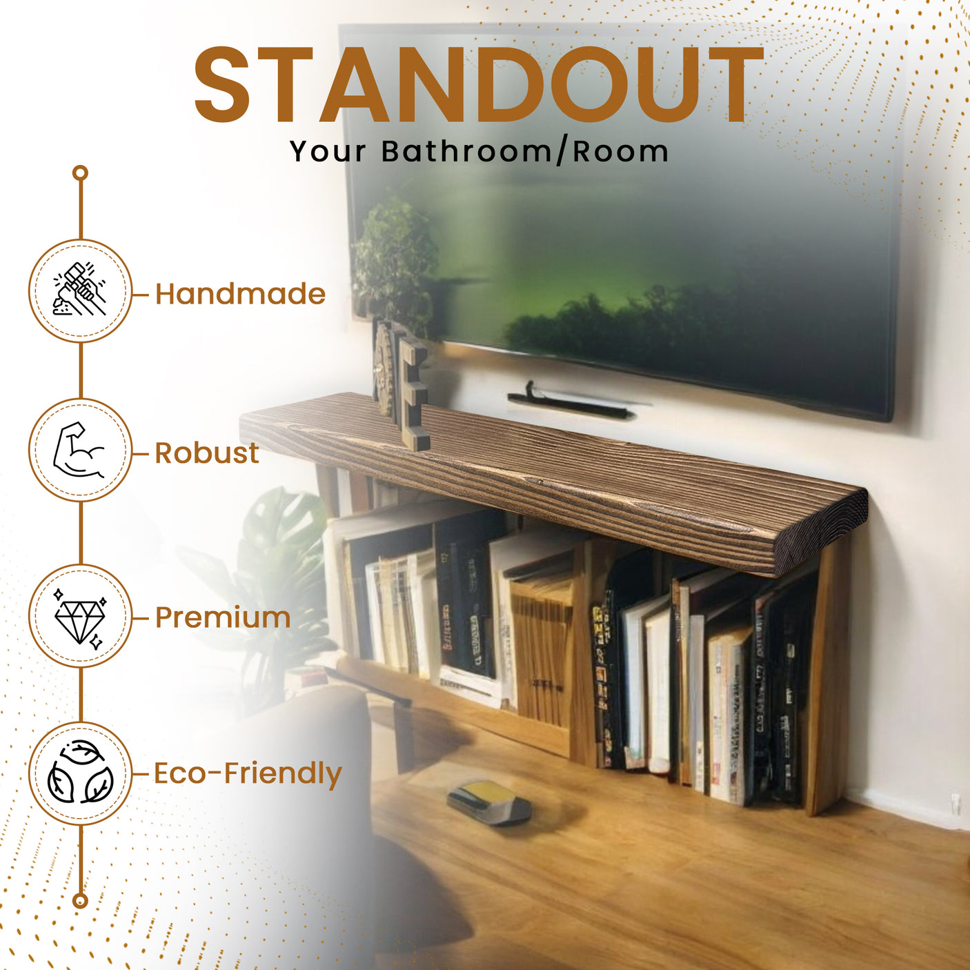 Rustic Shelf | Wall-Mounted Wooden Board With FLOATING Brackets, 22cm Depth