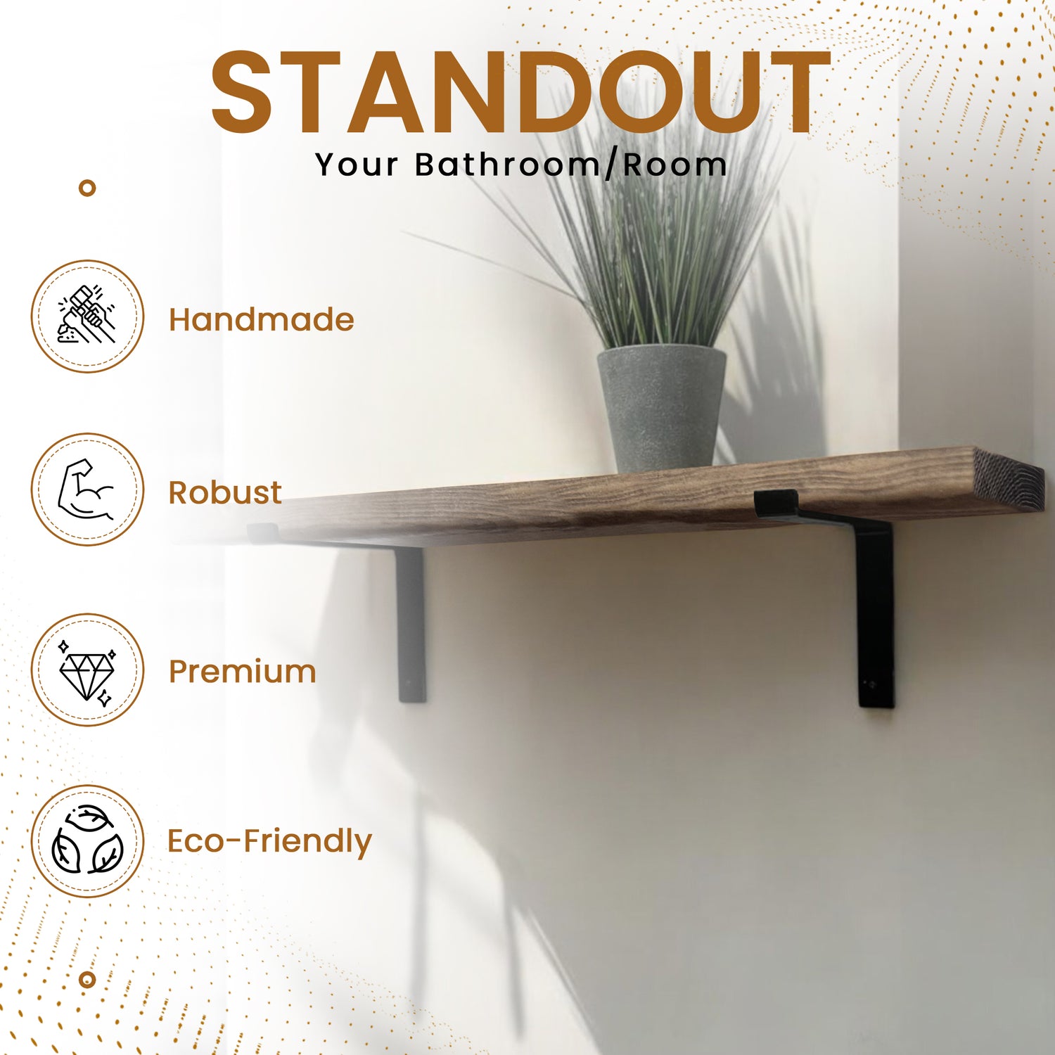 Rustic Shelf | Wall-Mounted Wooden Board With DOWN Brackets, 22cm Depth