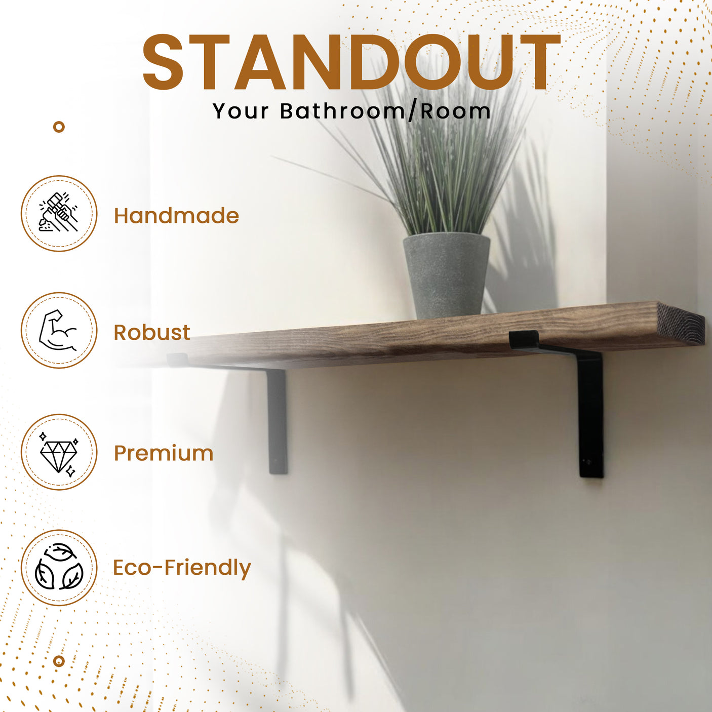 Rustic Shelf | Wall-Mounted Wooden Board With DOWN Brackets, 22cm Depth