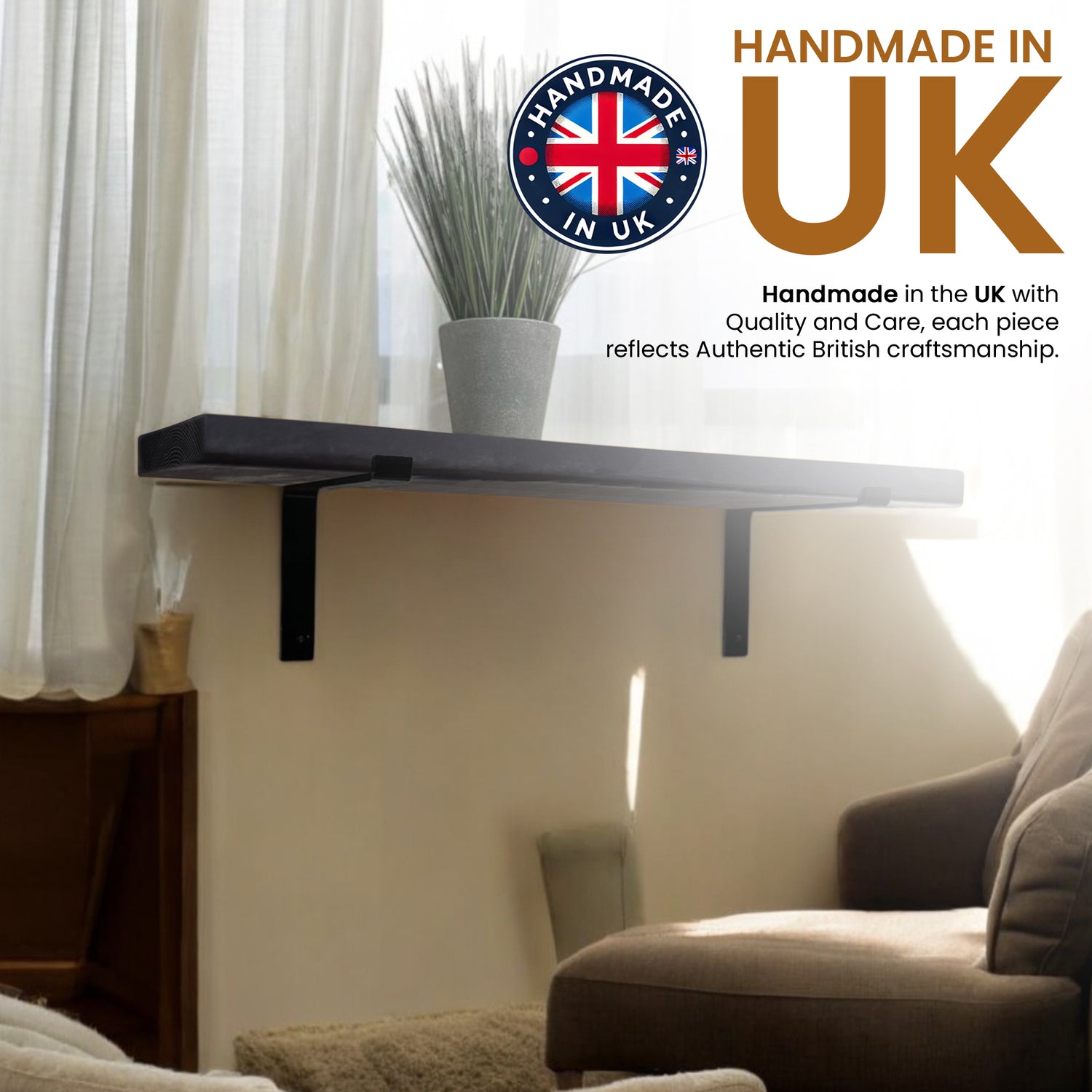 Rustic Shelf | Wall-Mounted Wooden Board With DOWN Brackets, 22cm Depth