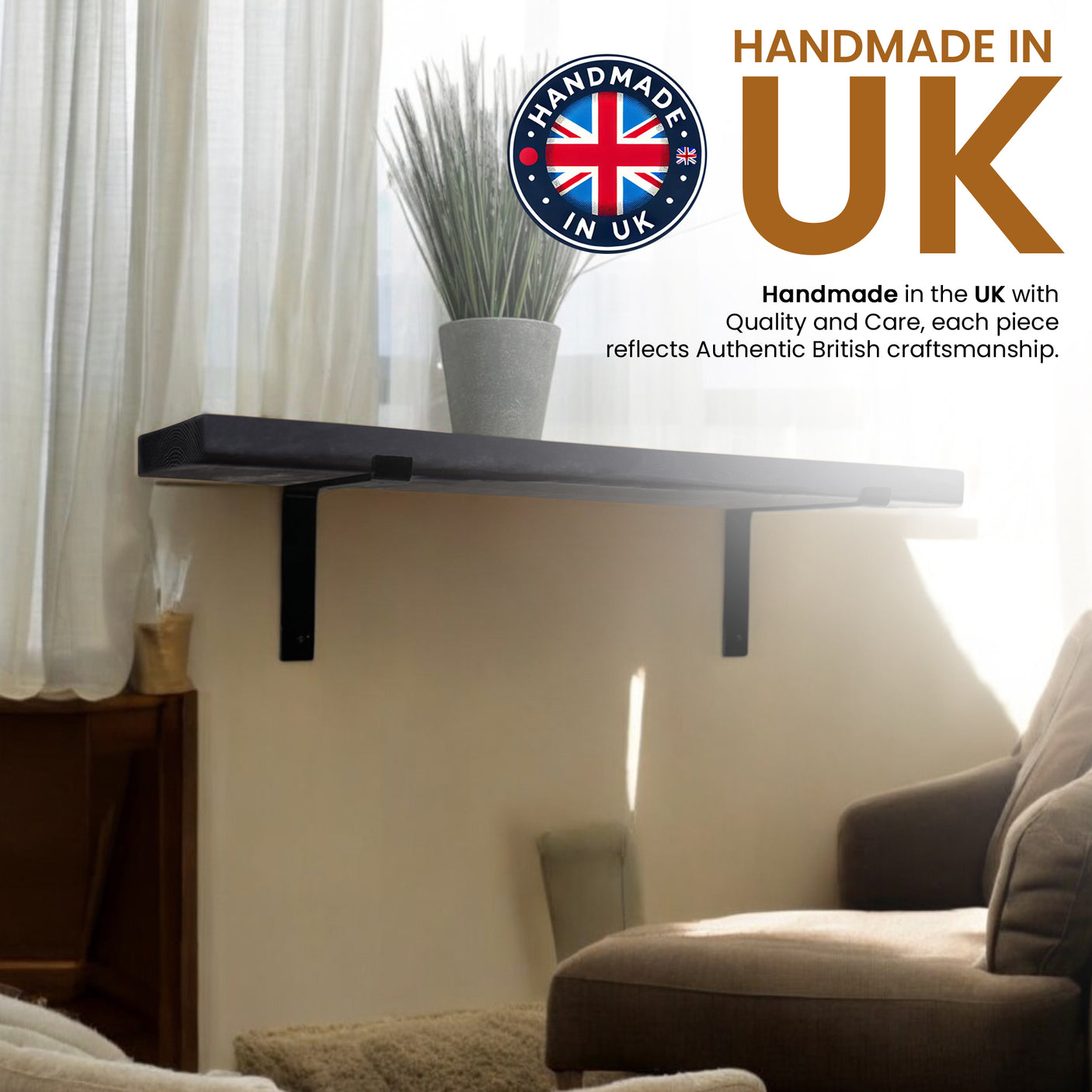 Rustic Shelf | Wall-Mounted Wooden Board With DOWN Brackets, 22cm Depth
