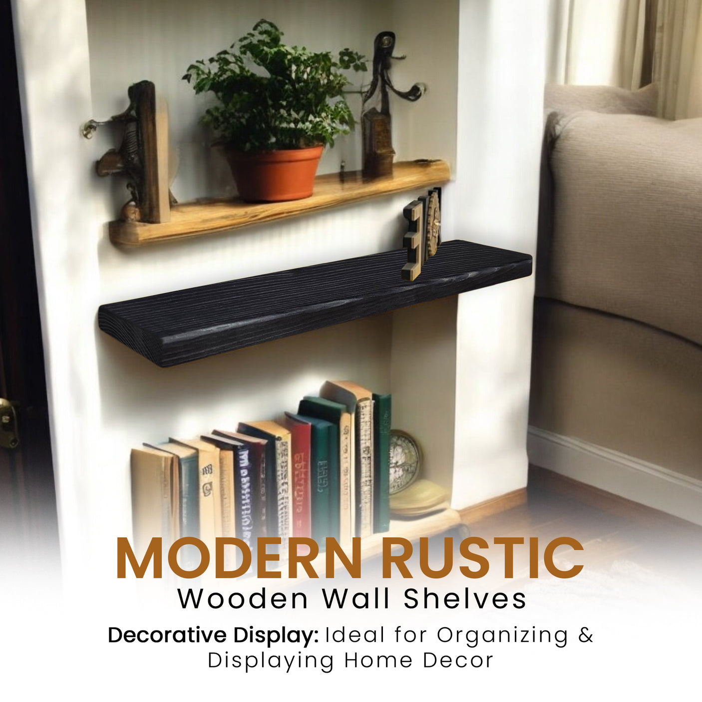 Rustic Shelf | Wall-Mounted Wooden Board With FLOATING Brackets, 22cm Depth