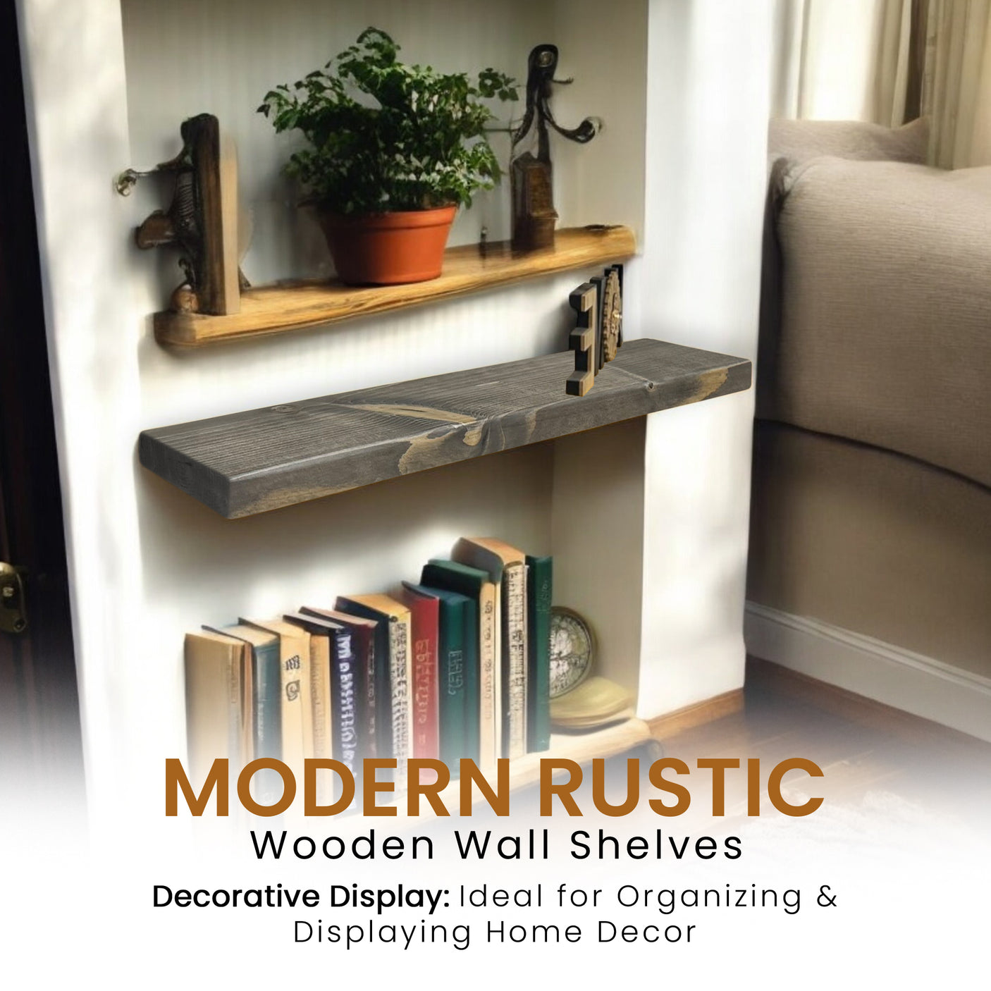 Rustic Shelf | Wall-Mounted Wooden Board With FLOATING Brackets, 22cm Depth