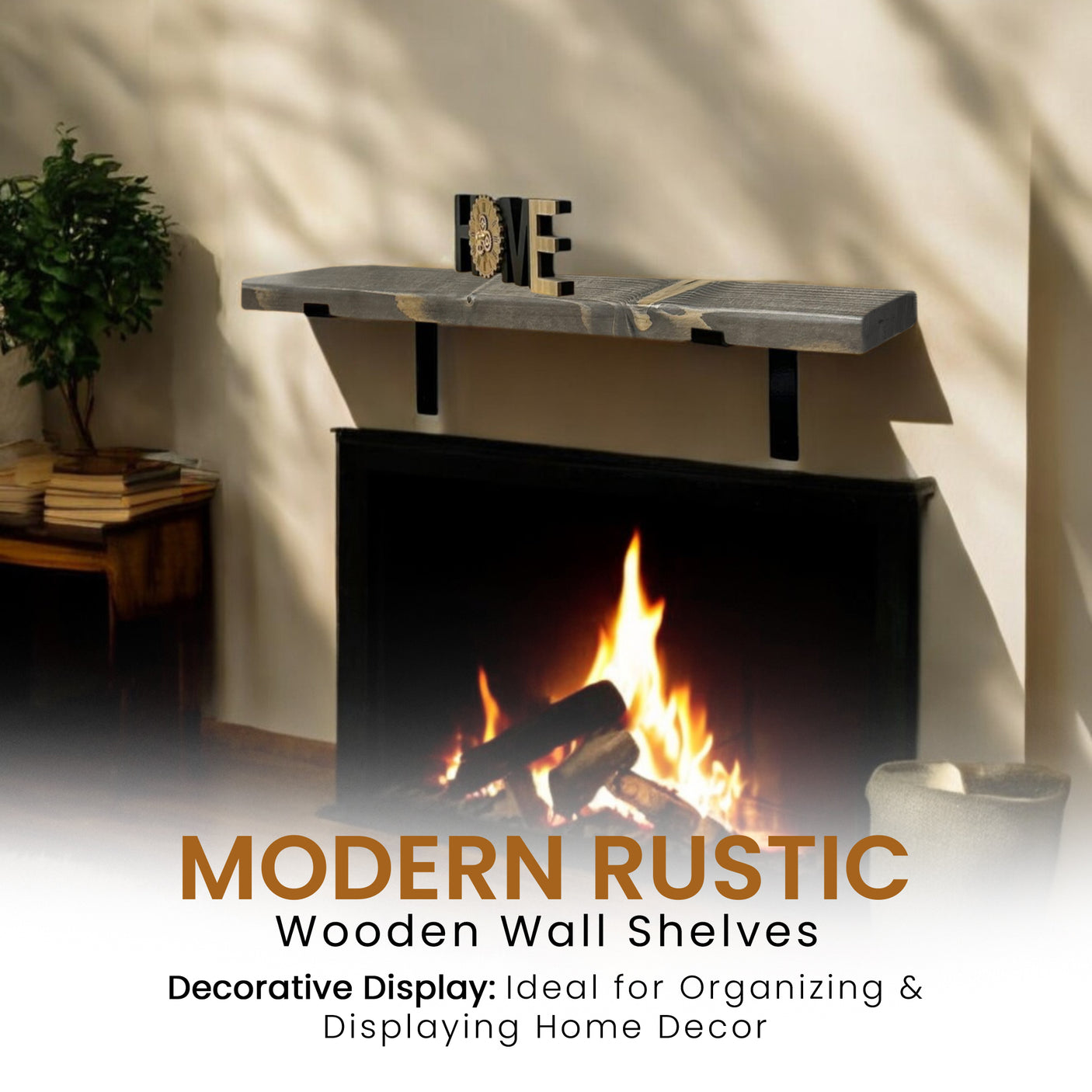 Rustic Shelf | Wall-Mounted Wooden Board With DOWN Brackets, 22cm Depth