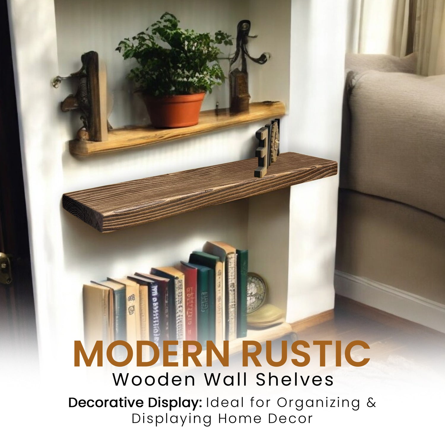 Rustic Shelf | Wall-Mounted Wooden Board With FLOATING Brackets, 22cm Depth