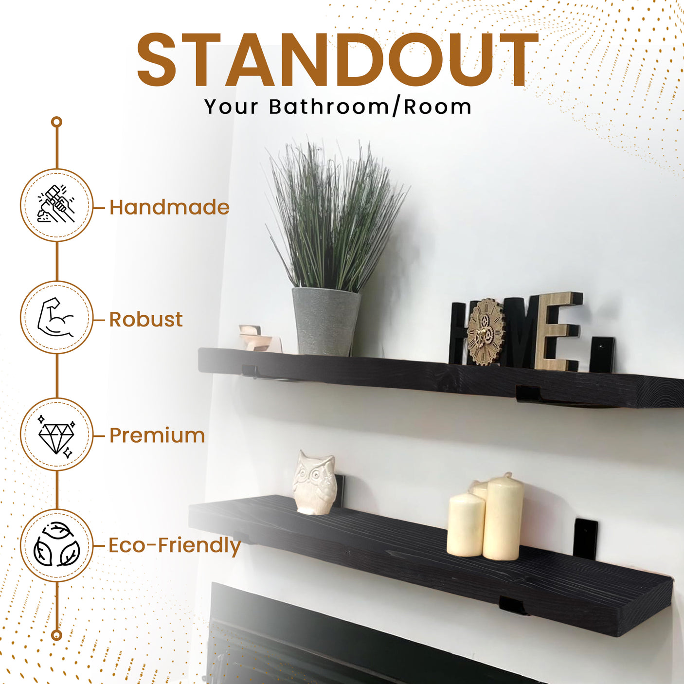 Rustic Shelves | Wall-Mounted Wooden Board With Lipped UP Brackets, 22cm Depth