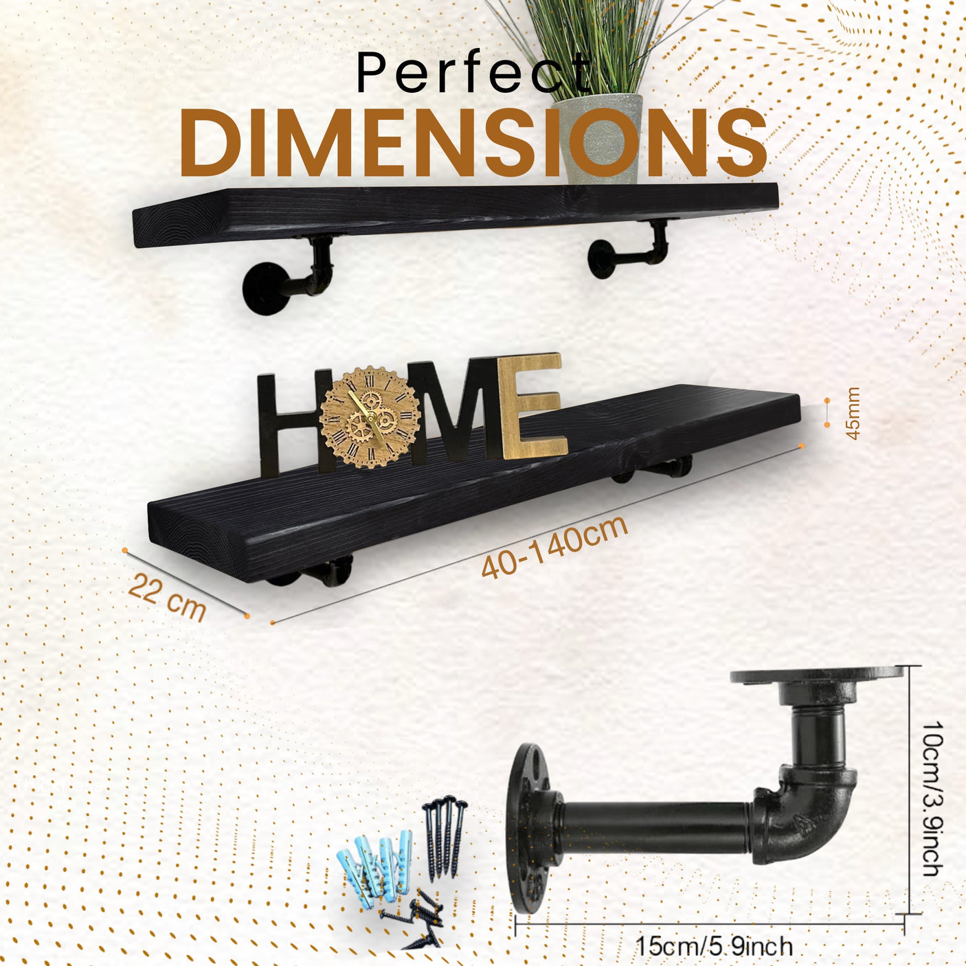 Rustic Shelf | Wall-Mounted Wooden Board With PIPE Brackets, 22cm Depth