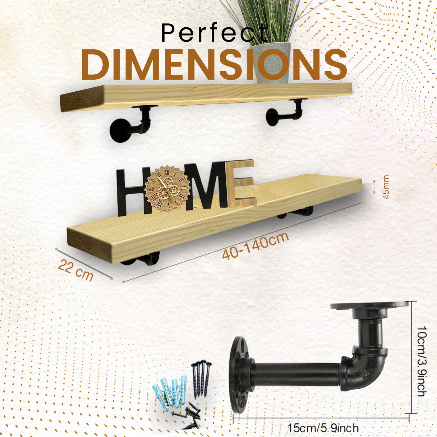 Rustic Shelf | Wall-Mounted Wooden Board With PIPE Brackets, 22cm Depth