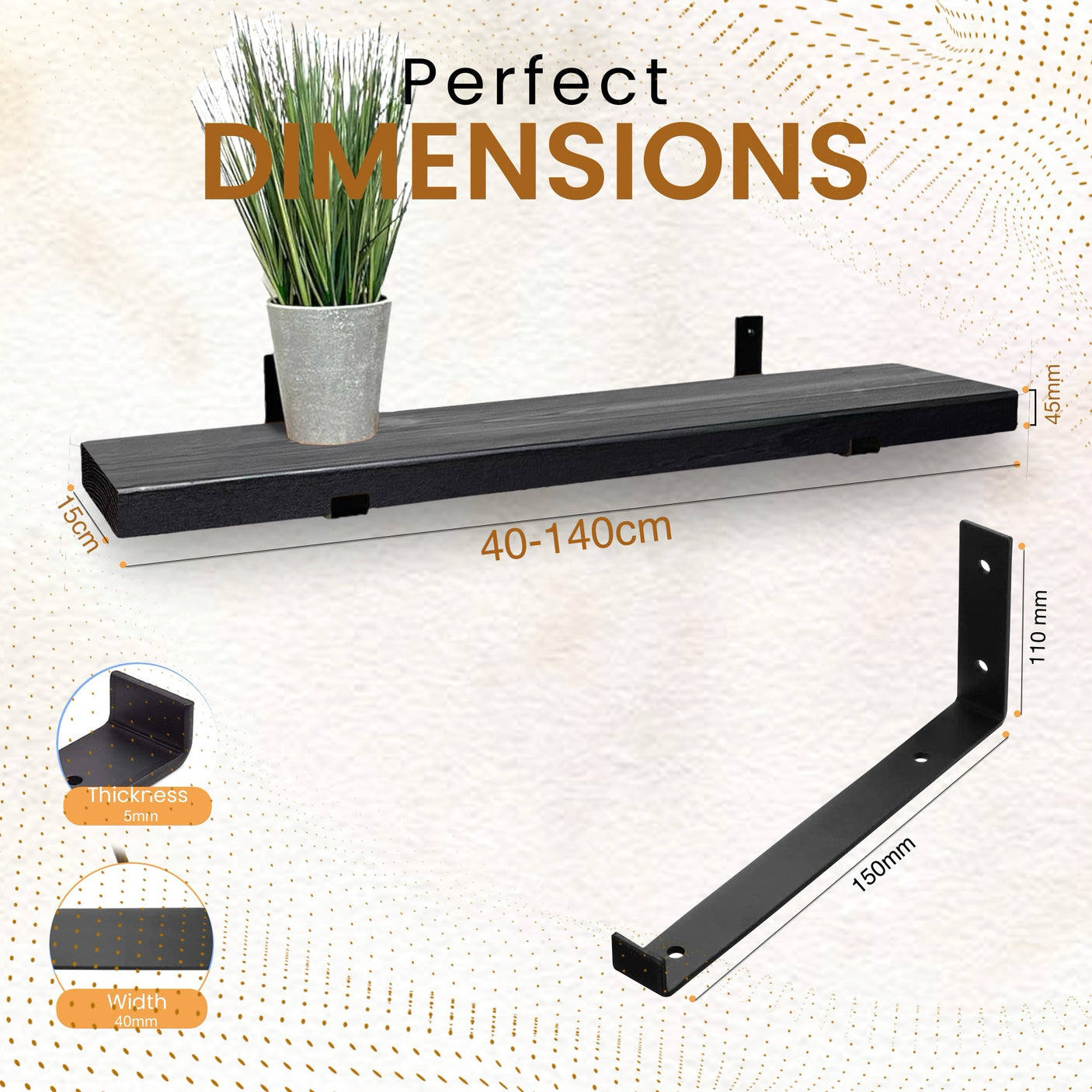 Rustic Shelf | Wall-Mounted Wooden Board With UP Brackets, 15cm Depth