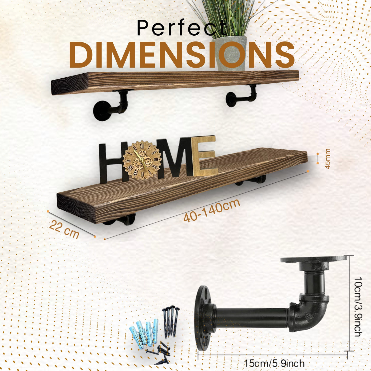 Rustic Shelf | Wall-Mounted Wooden Board With PIPE Brackets, 22cm Depth