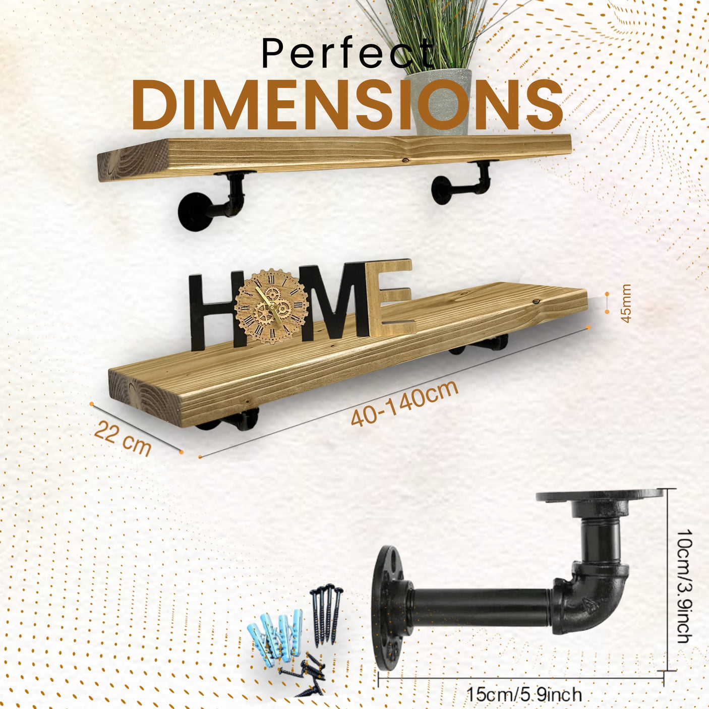 Rustic Shelf | Wall-Mounted Wooden Board With PIPE Brackets, 22cm Depth