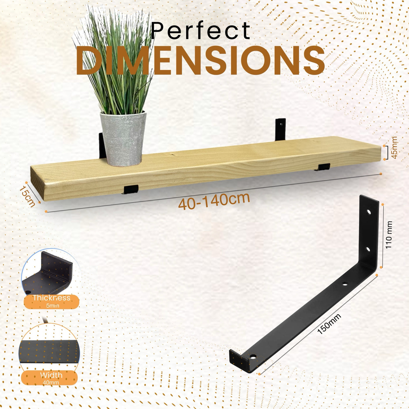 Rustic Shelf | Wall-Mounted Wooden Board With UP Brackets, 15cm Depth