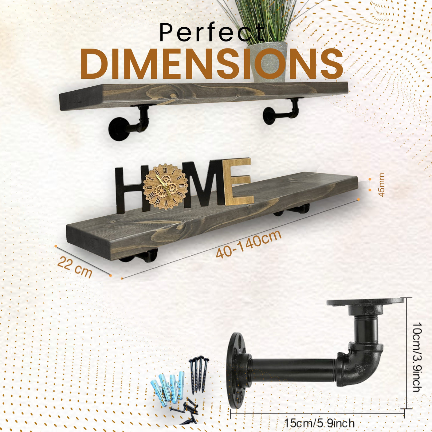Rustic Shelf | Wall-Mounted Wooden Board With PIPE Brackets, 22cm Depth