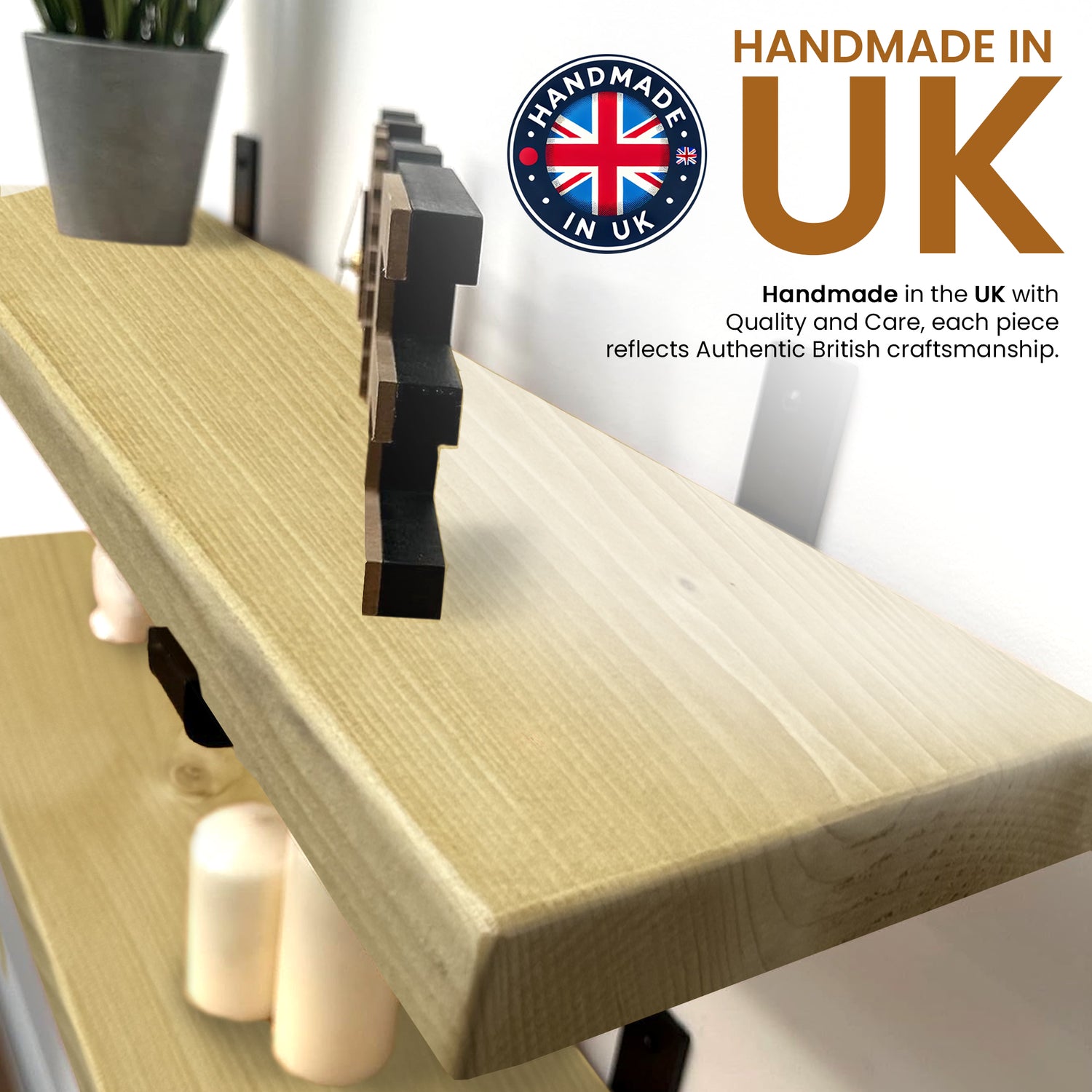 Set of 2 Rustic Shelves | Wall-Mounted Wooden Board With Lipped UP Brackets, 22cm Depth