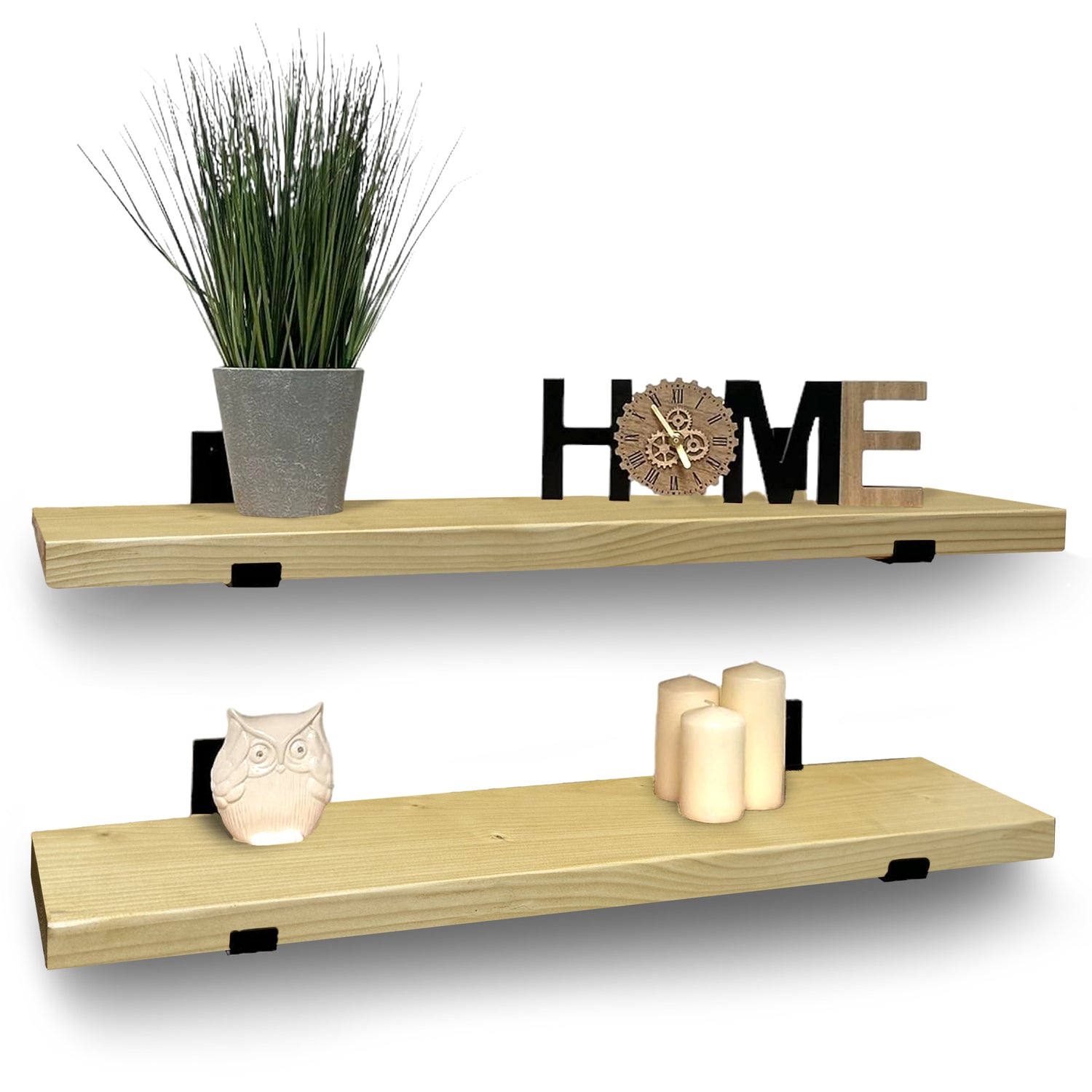 Set of 2 Rustic Shelves | Wall-Mounted Wooden Board With Lipped UP Brackets, 22cm Depth