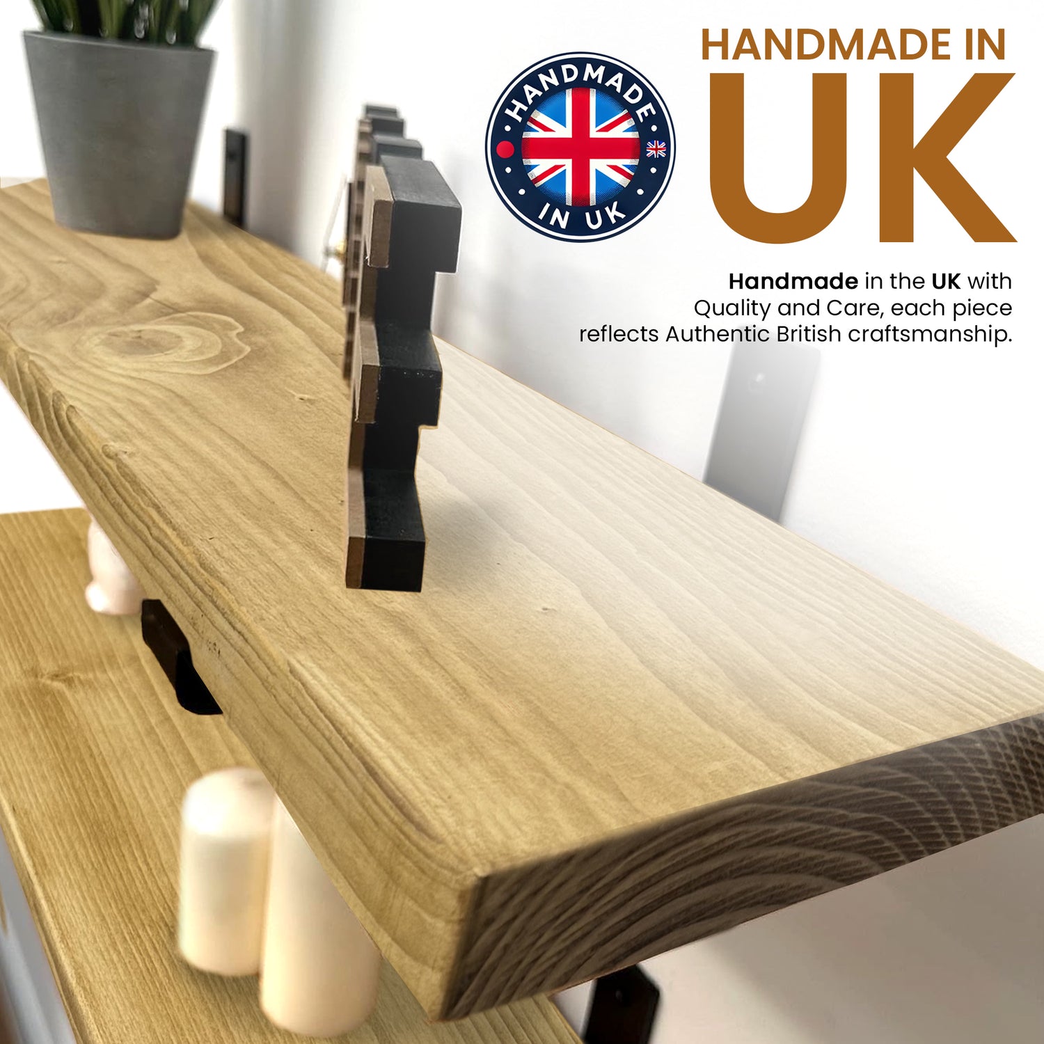 Set of 2 Rustic Shelves | Wall-Mounted Wooden Board With Lipped UP Brackets, 22cm Depth