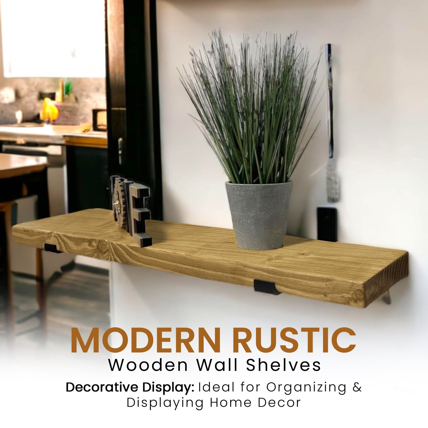 Set of 2 Rustic Shelves | Wall-Mounted Wooden Board With Lipped UP Brackets, 22cm Depth