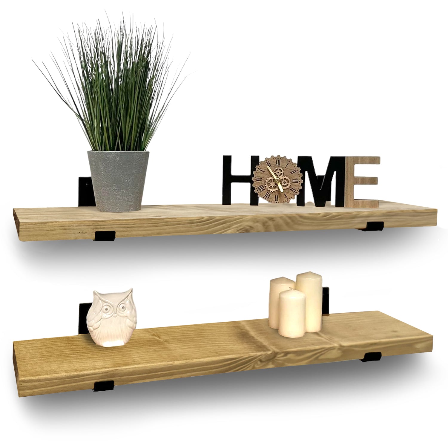 Set of 2 Rustic Shelves | Wall-Mounted Wooden Board With Lipped UP Brackets, 22cm Depth