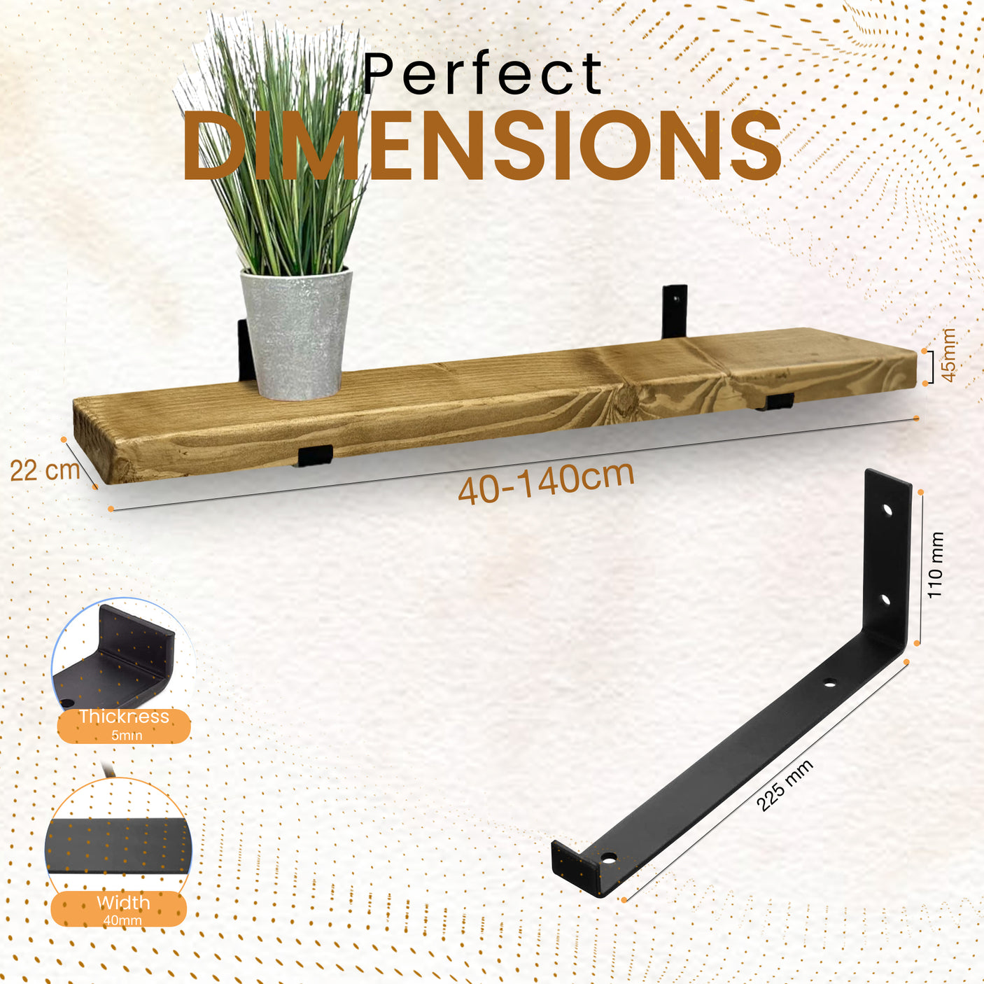 Rustic Shelf | Wall-Mounted Wooden Board With UP Brackets, 22cm Depth