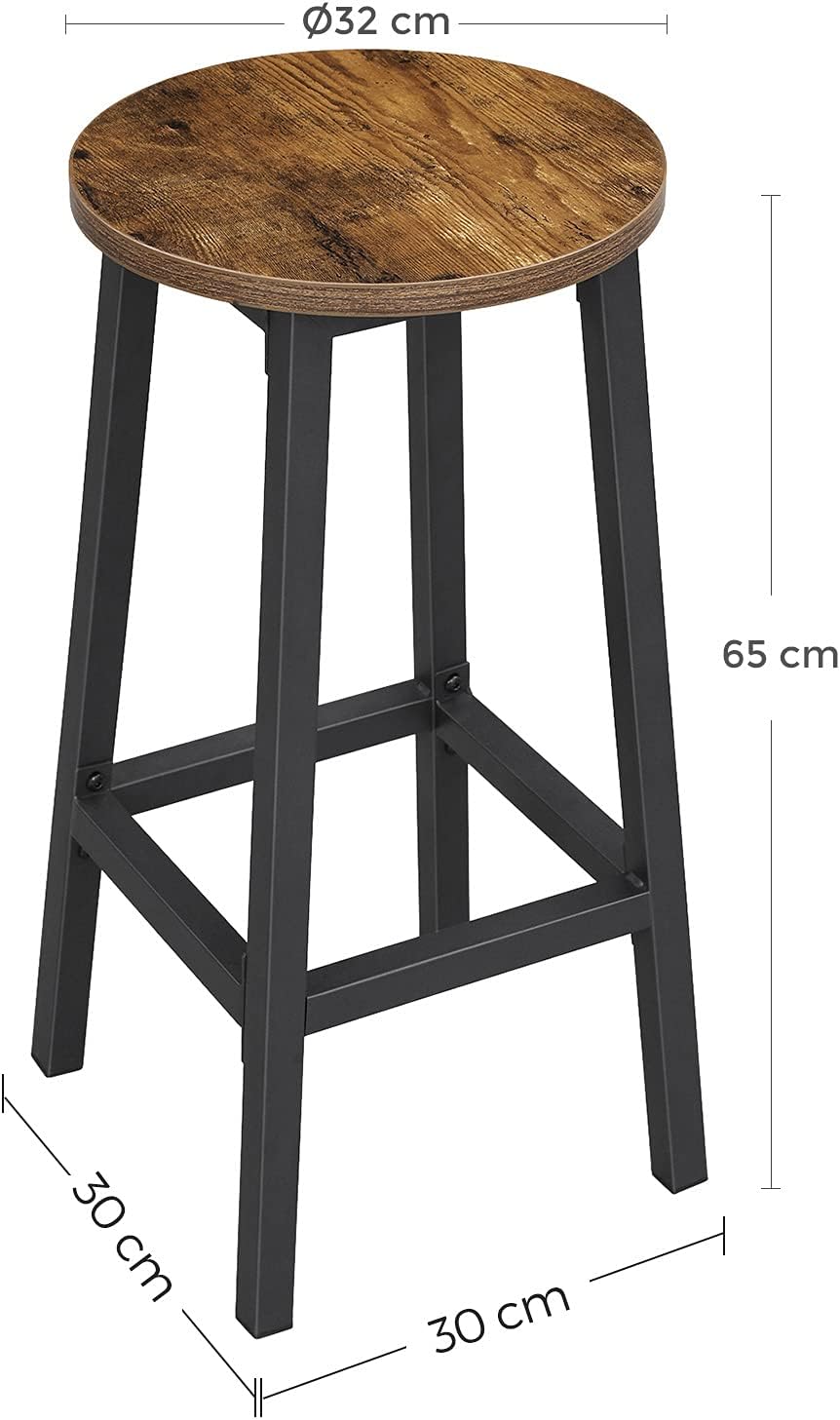 Bar Stool Round Rustic Kitchen & Breakfast Bar Chair & Steel Frame 65cm Tall