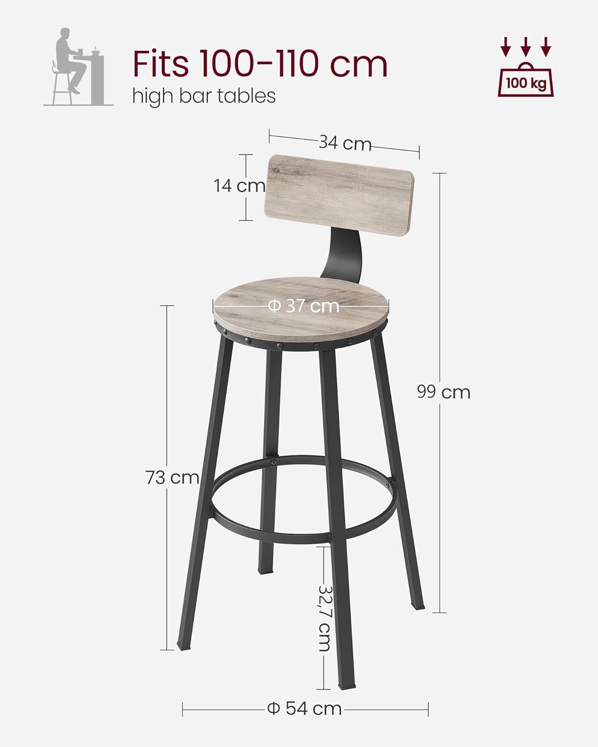 Bar Stool with Backs – Rustic Kitchen & Breakfast Bar Chair with Backrest & Steel Frame 73cm Tall