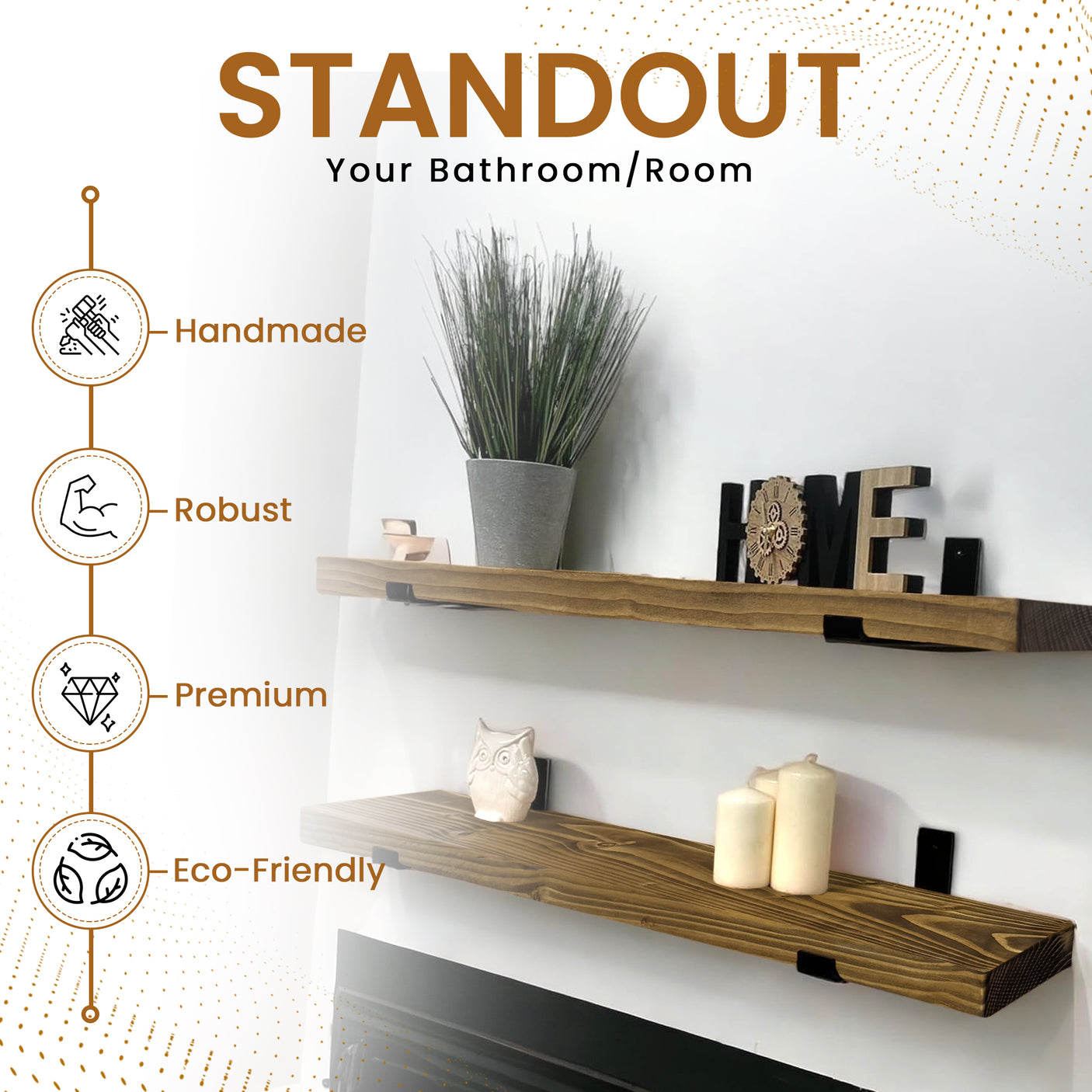 Rustic Shelf | Wall-Mounted Wooden Board With UP Brackets, 22cm Depth