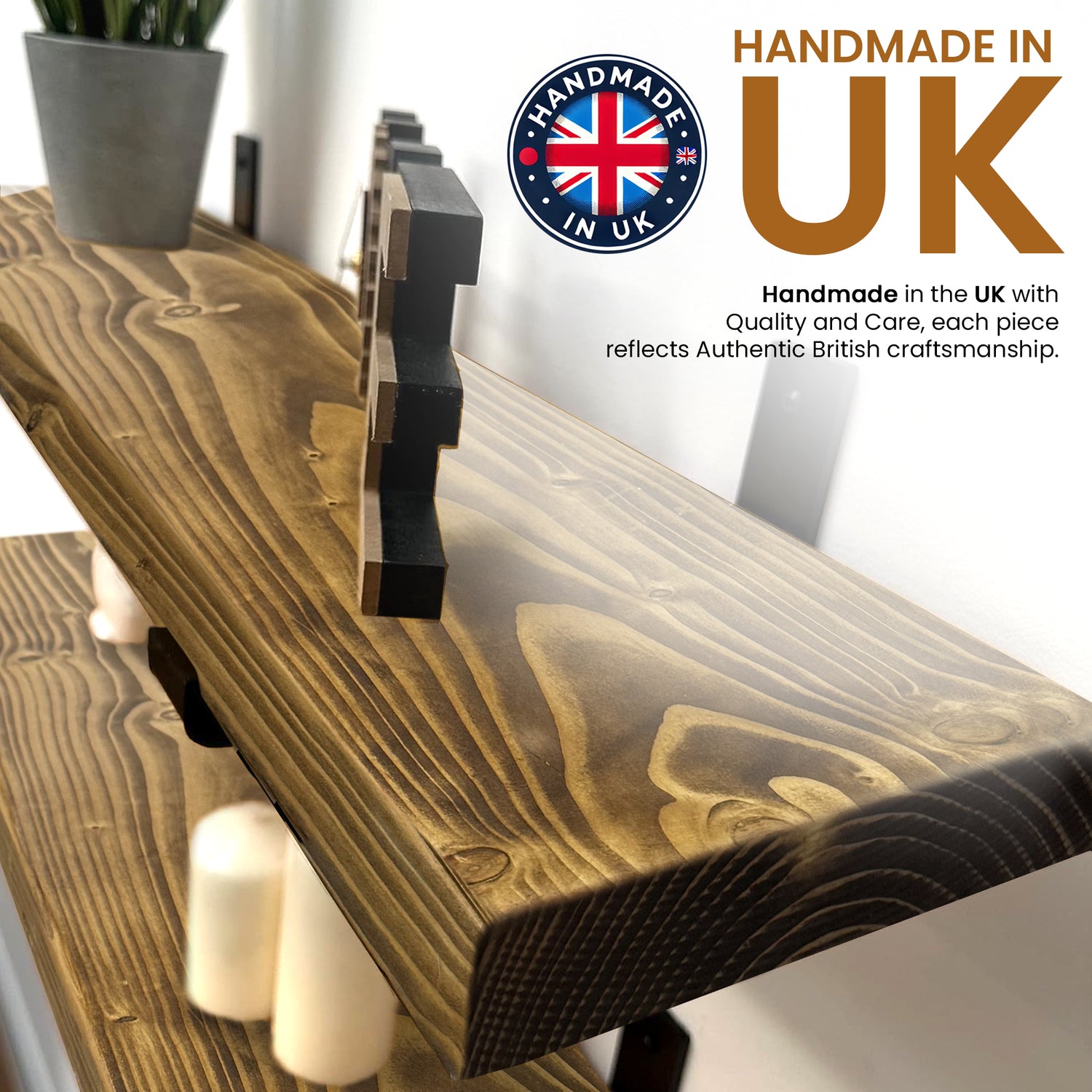 Set of 2 Rustic Shelves | Wall-Mounted Wooden Board With Lipped UP Brackets, 22cm Depth