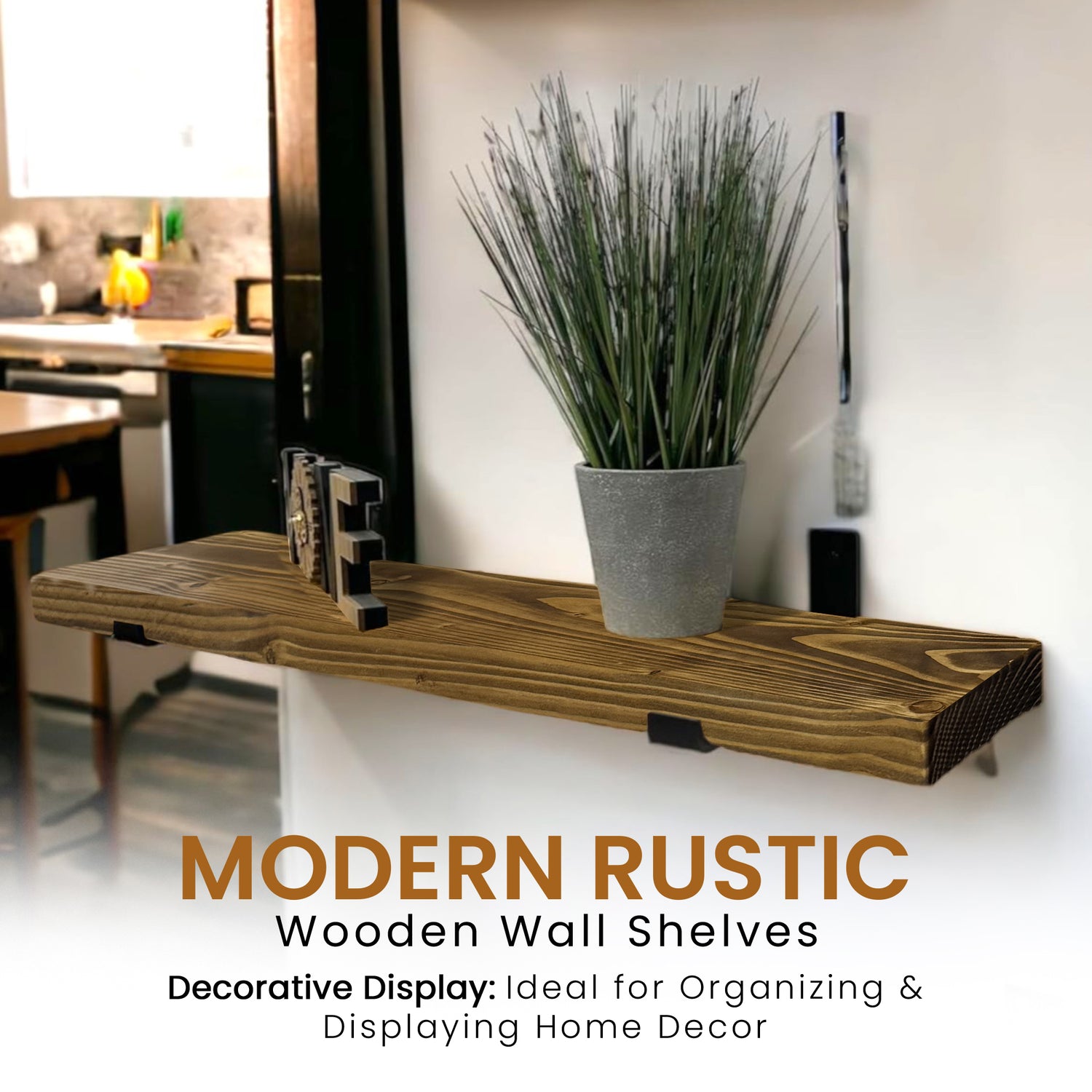 Set of 2 Rustic Shelves | Wall-Mounted Wooden Board With Lipped UP Brackets, 22cm Depth