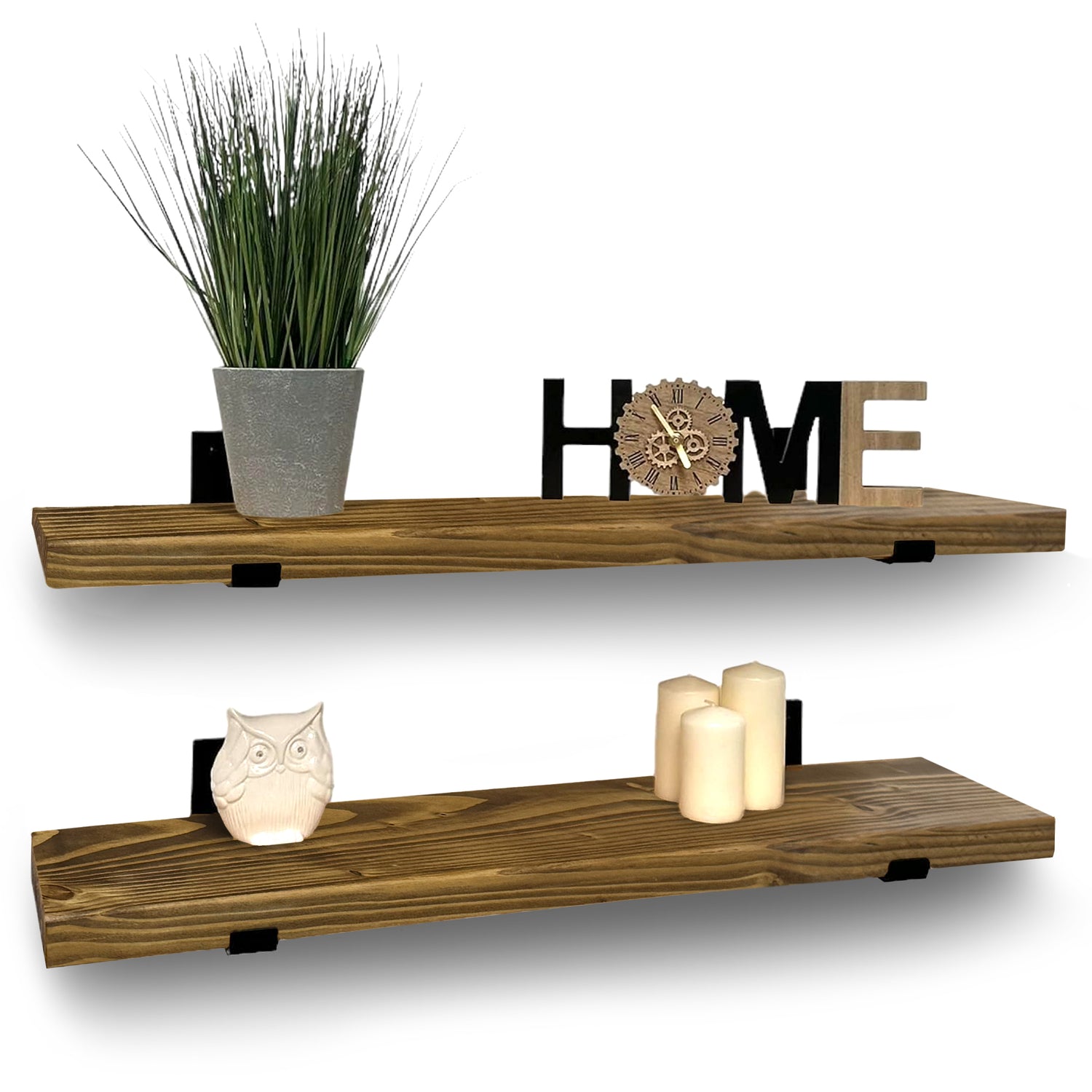 Set of 2 Rustic Shelves | Wall-Mounted Wooden Board With Lipped UP Brackets, 22cm Depth