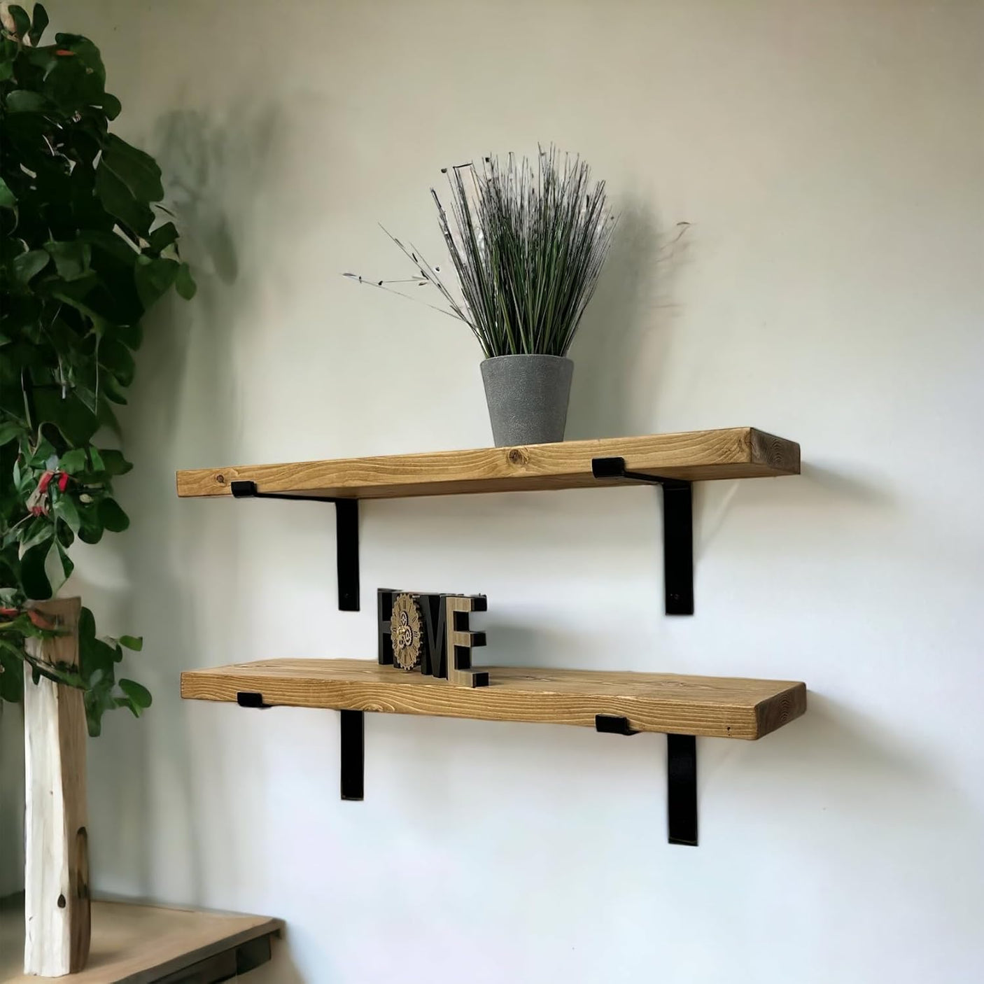 Rustic Shelves | Wall-Mounted Wooden Board With Lipped DOWN Brackets, 22cm Depth