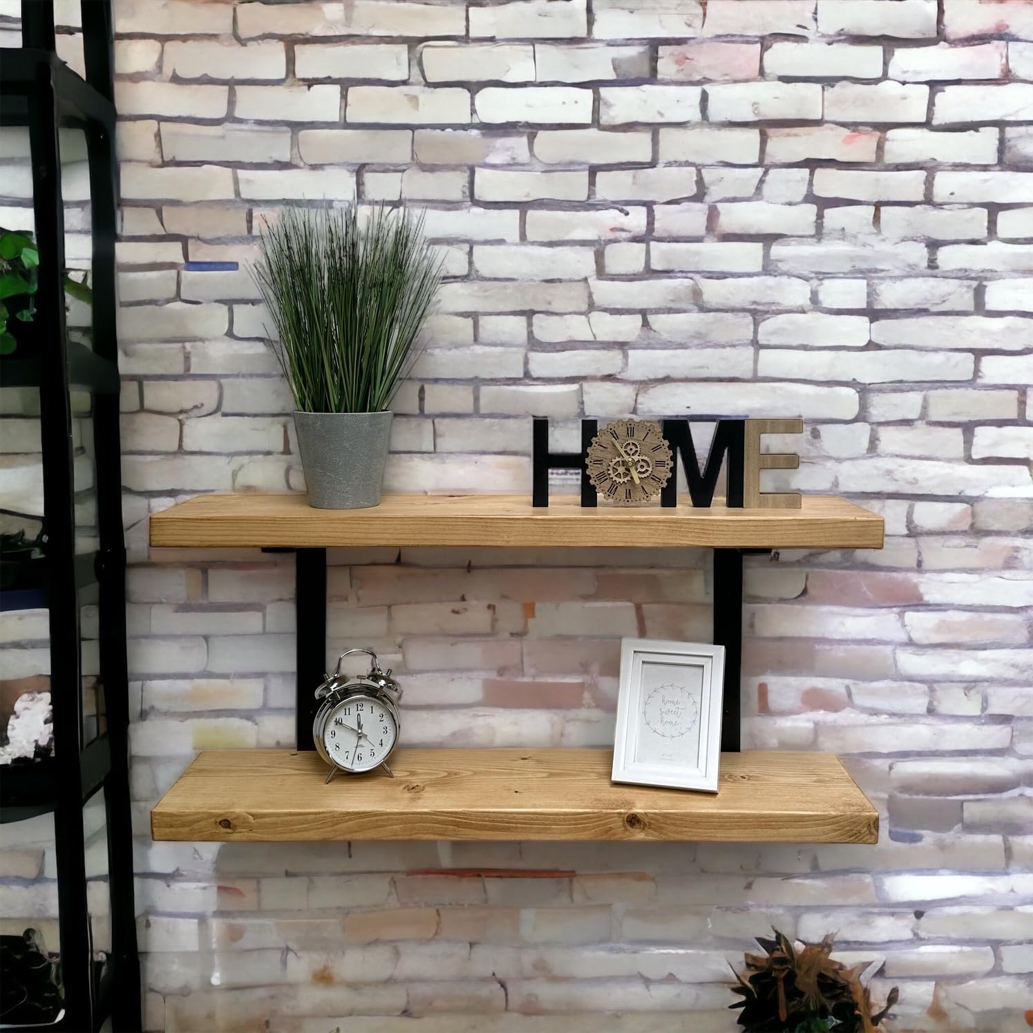 Set of 2 Rustic Shelves | Wall-Mounted Wooden Board With Double Brackets, 22cm Depth