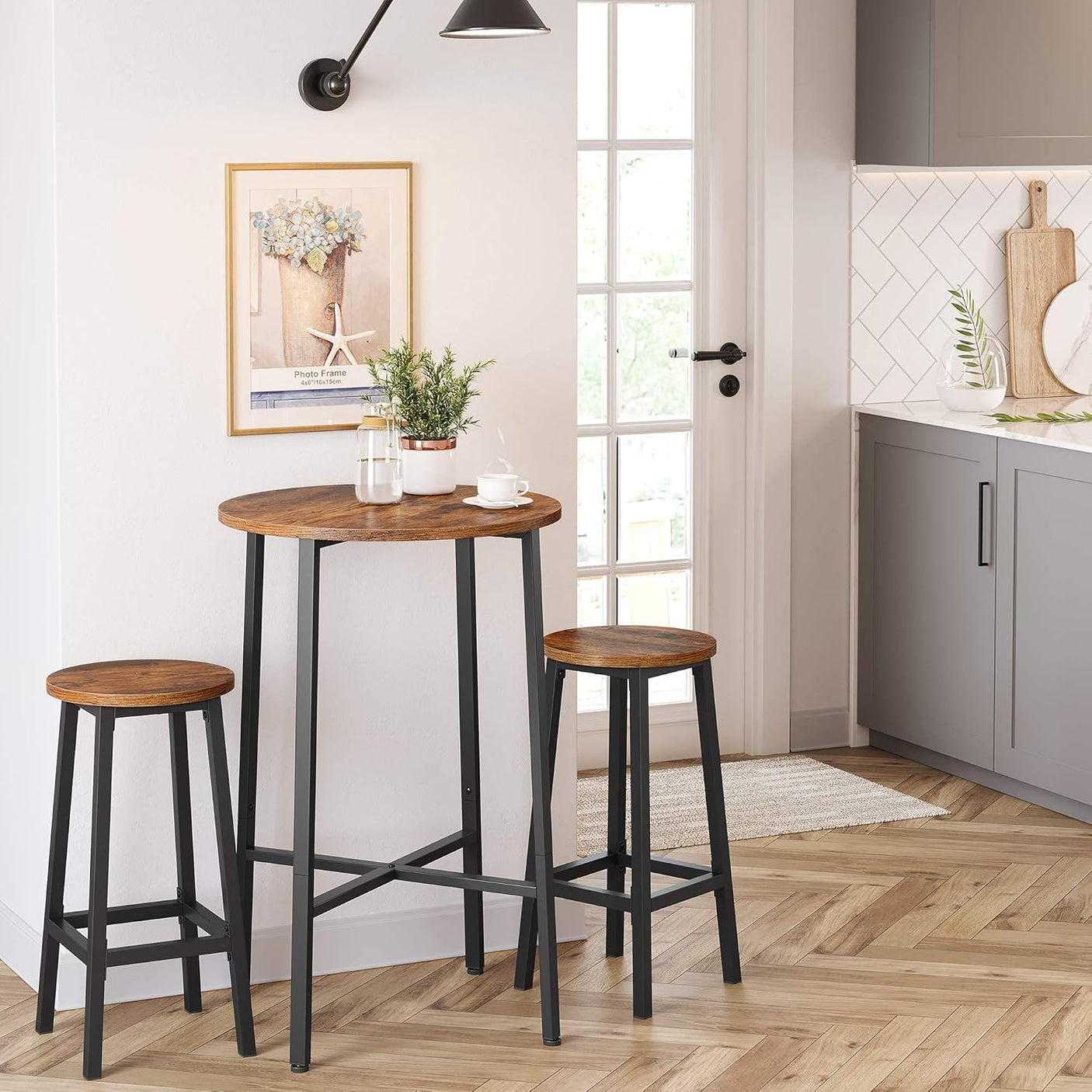 Bar Stool Round Rustic Kitchen & Breakfast Bar Chair & Steel Frame 65cm Tall