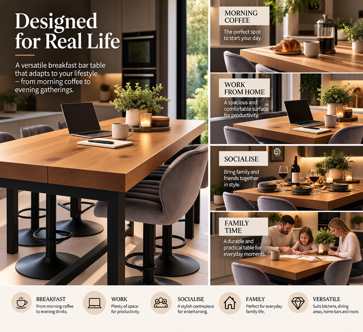 BS12 Signature Solid Wood Breakfast Bar Table – 70mm Thick Top, Heavy-Duty Steel Frame, Handcrafted in Yorkshire