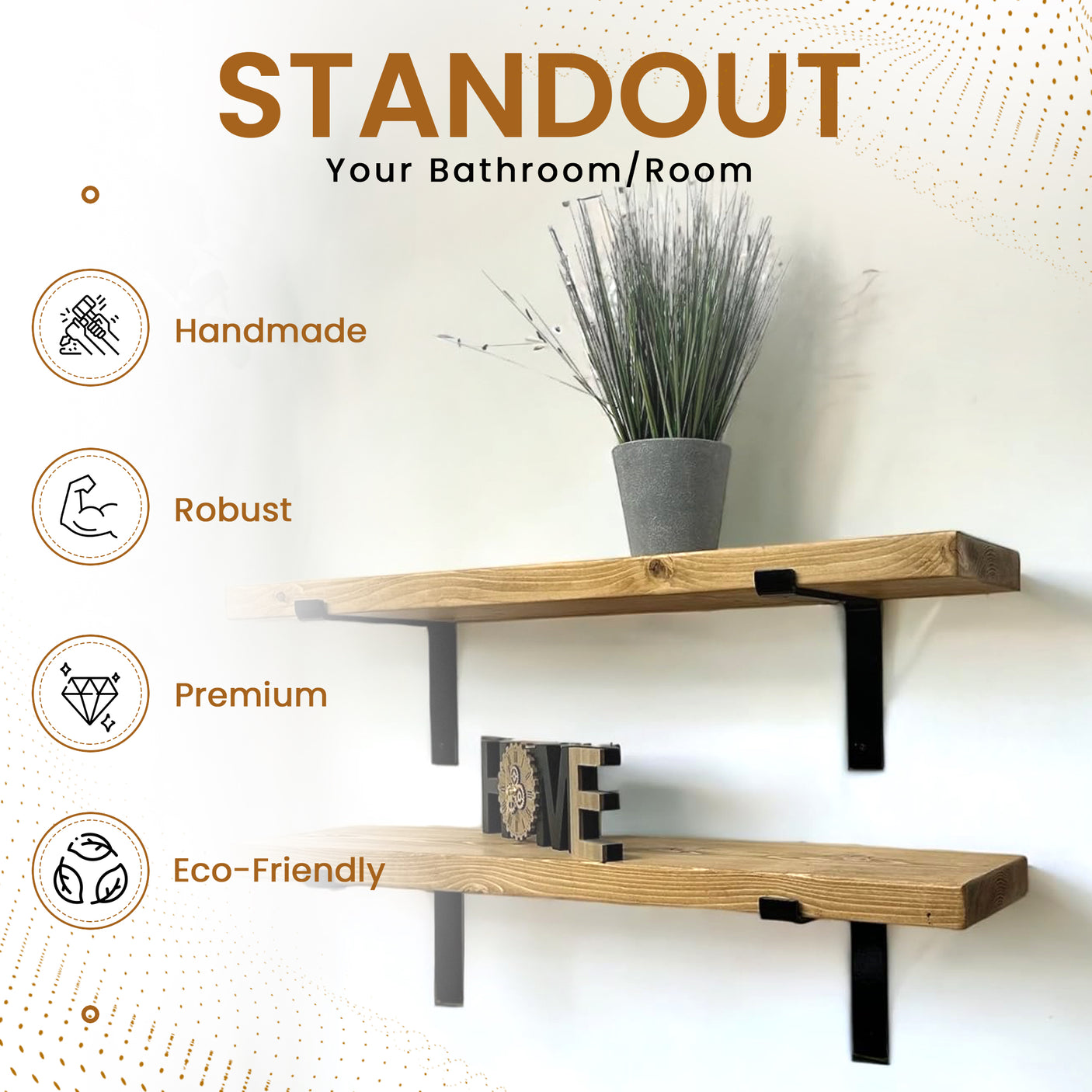 Rustic Shelves | Wall-Mounted Wooden Board With Lipped DOWN Brackets, 22cm Depth